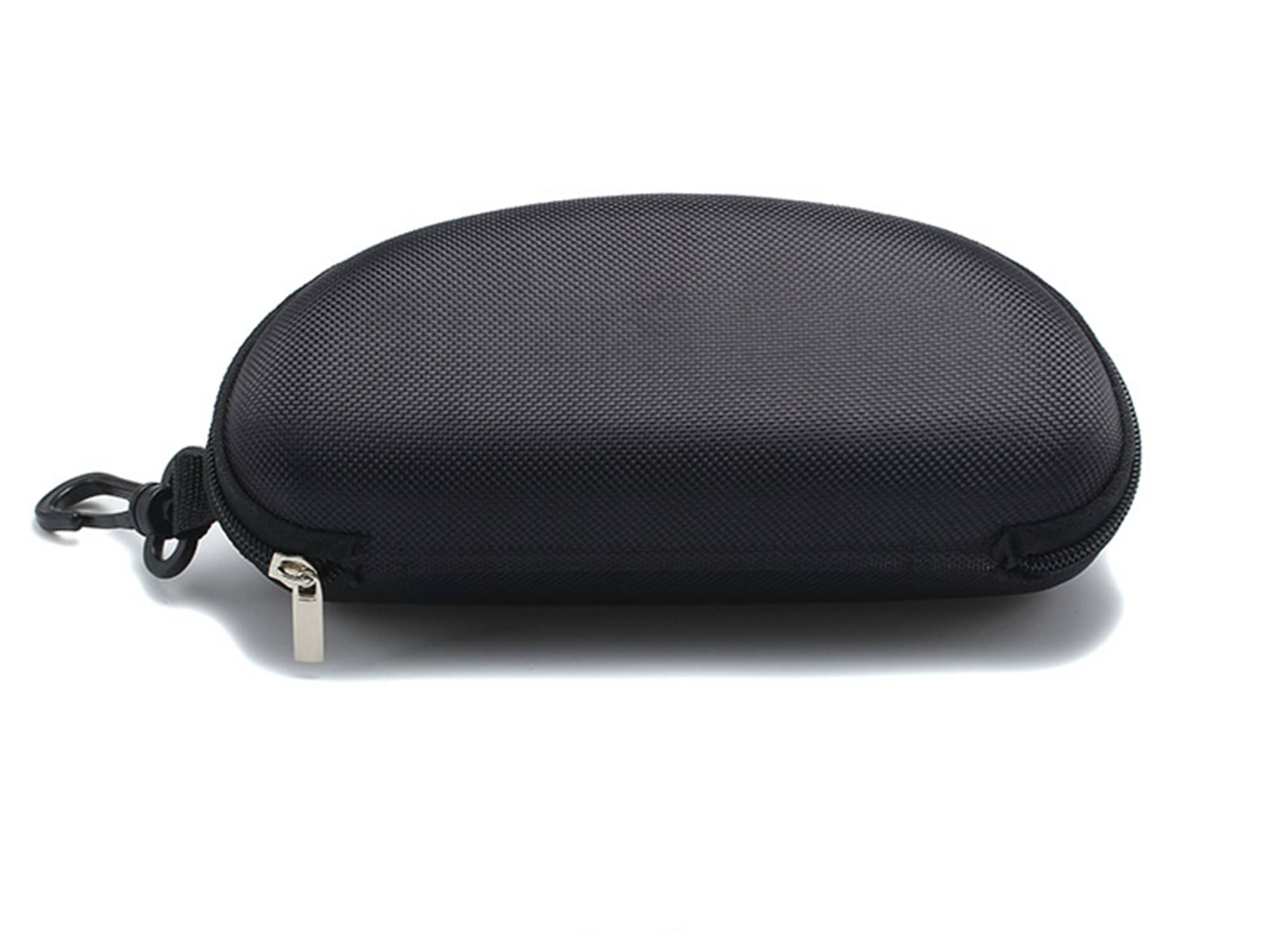 A black sunglass case with a textured surface and a clip attachment. It has a zip closure. Sunglass Case With Clip - Image 1