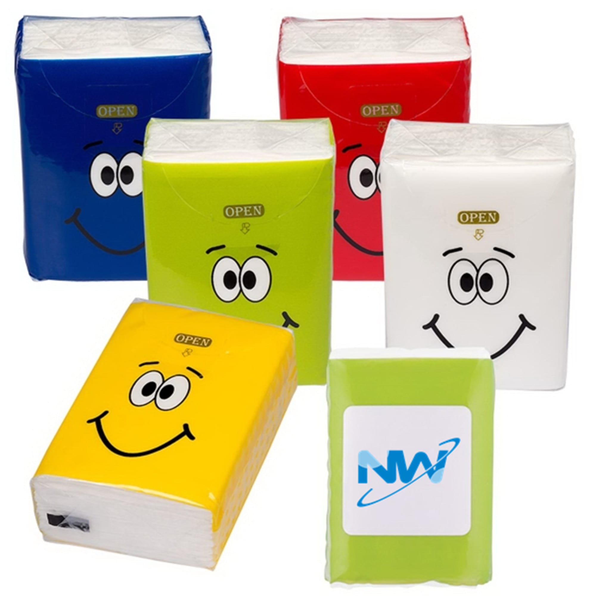 A collection of mini pocket tissues in blue, red, green, yellow, and white, featuring smiley face designs and a logo. Mini Pocket Tissue - Image 1