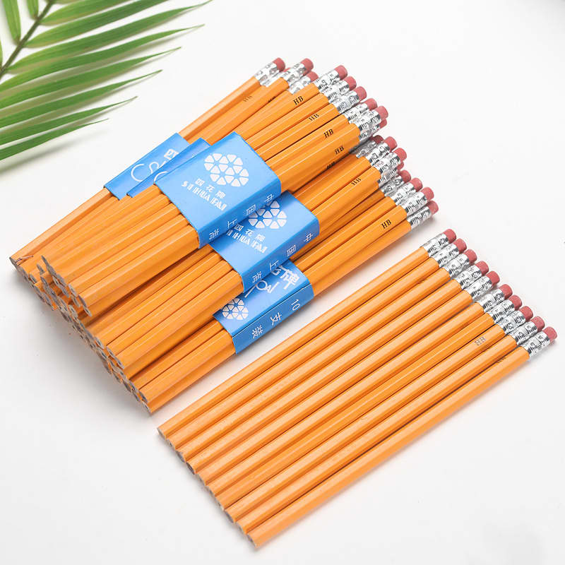 A bundle of round orange pencils with erasers, featuring a logo on a label. Round Shape Pencil With Eraser - Image 1
