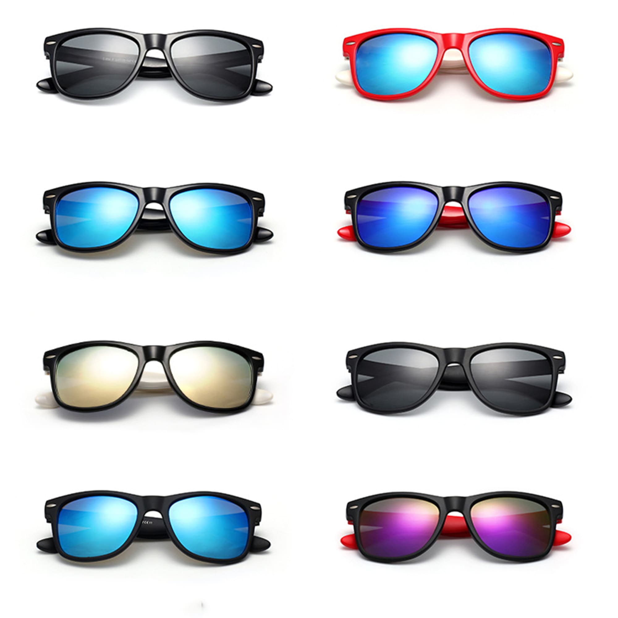 A set of eight sunglasses in various styles, featuring colours like black, red, and blue with mirrored lenses. Set Of Sunglasses And Glasses Bag - Image 1