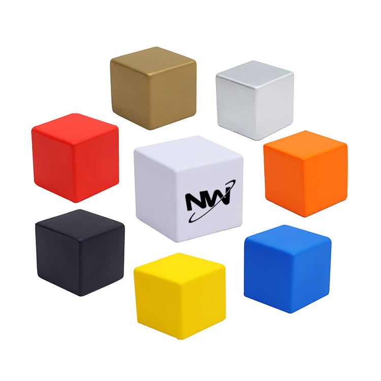 A collection of eight stress reliever cubes in various colours: red, white, blue, black, yellow, orange, gold, and silver. One has a logo. Stress Reliever Cube - Image 1