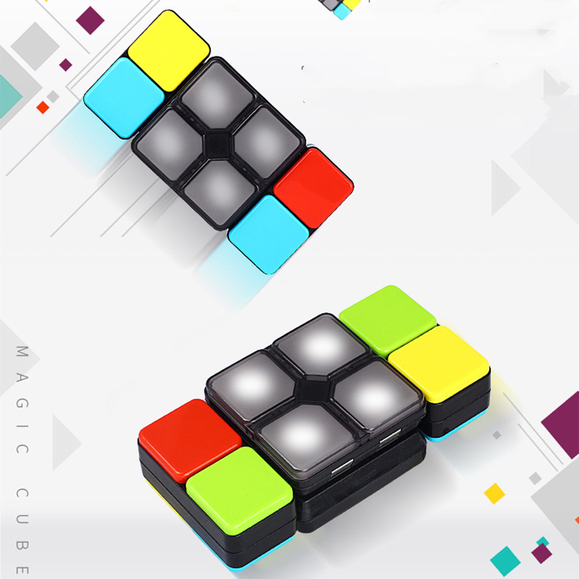 A colourful Luminous Cube featuring black, red, blue, yellow, and green sections, with illuminated segments. Luminous Cube - Image 1