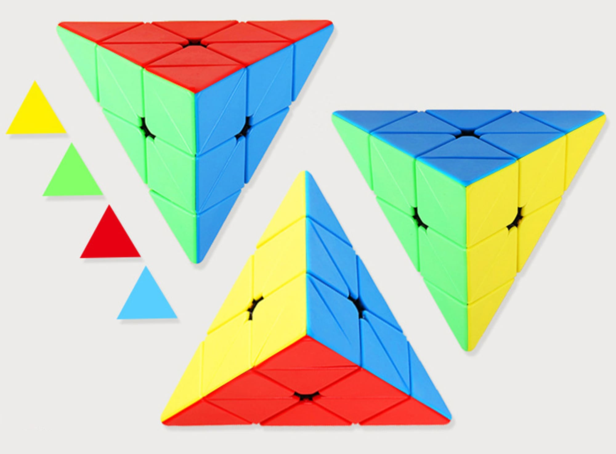 Three triangular puzzles in red, blue, green, yellow, and a set of small triangles in red, blue, and green. Each has a logo. Triangle Cube - Image 1