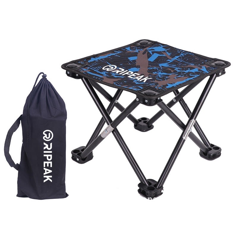 A collapsible camping stool in black and blue with a carrying bag, featuring a logo on the bag. Portable Oxford Folding Stool Collapsible Camping Outdoor Chairs W/Carrying Bag - Image 1