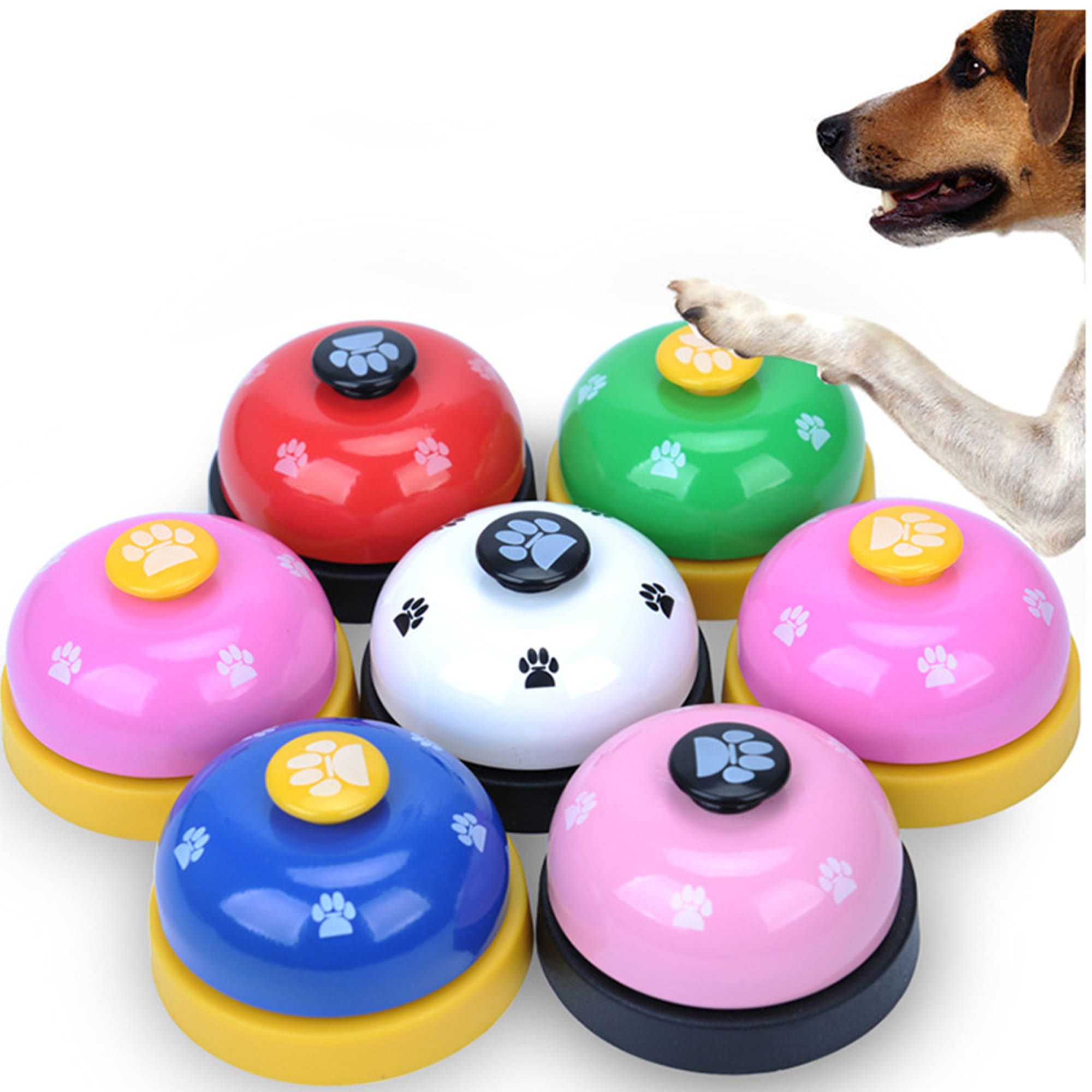 A set of seven pet training bells in various colours, featuring paw print designs and a black logo on top. Pet Traning Bell - Image 1