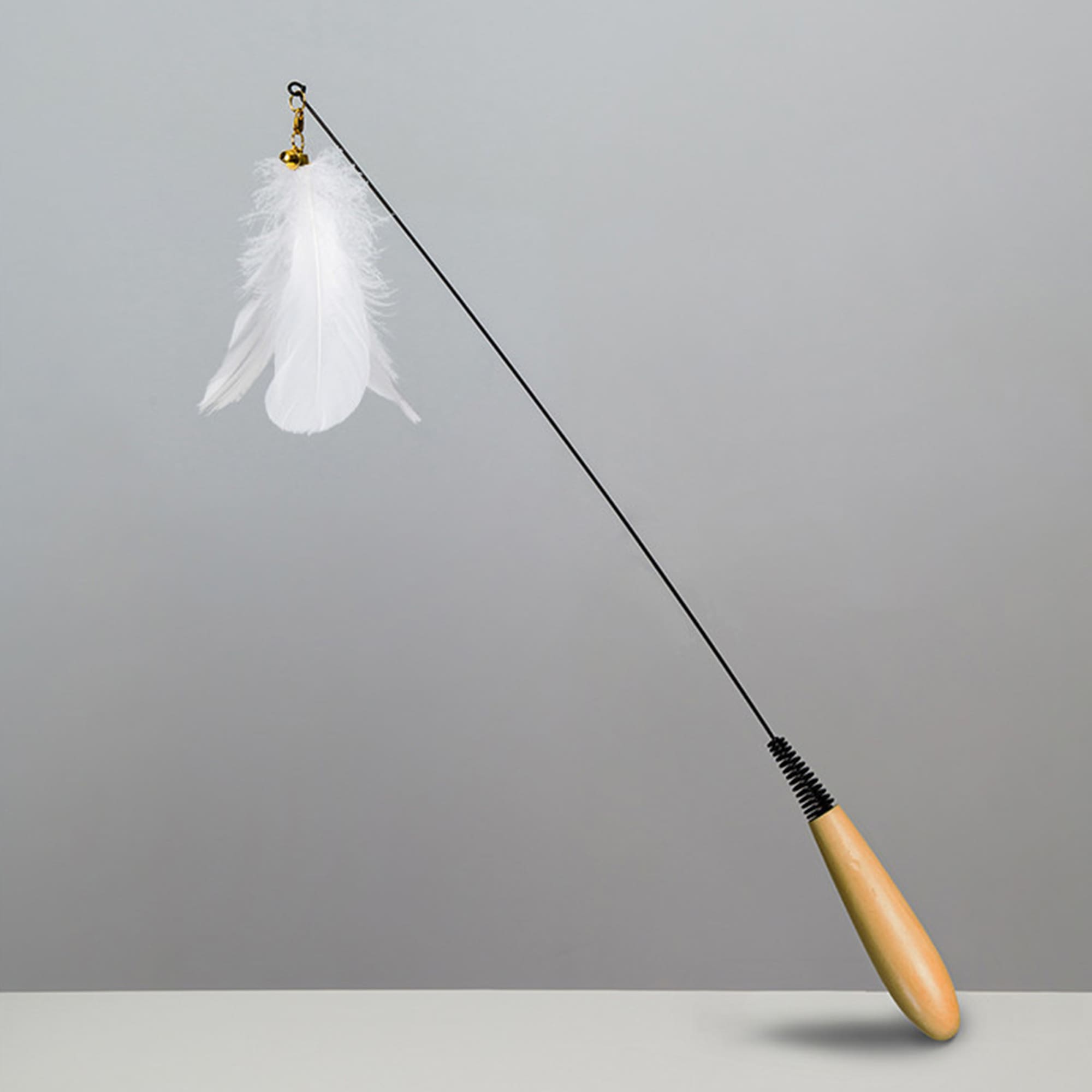 A toy wand with a wooden handle and a long string attached to a white feather. Funny Cat Stick - Image 1
