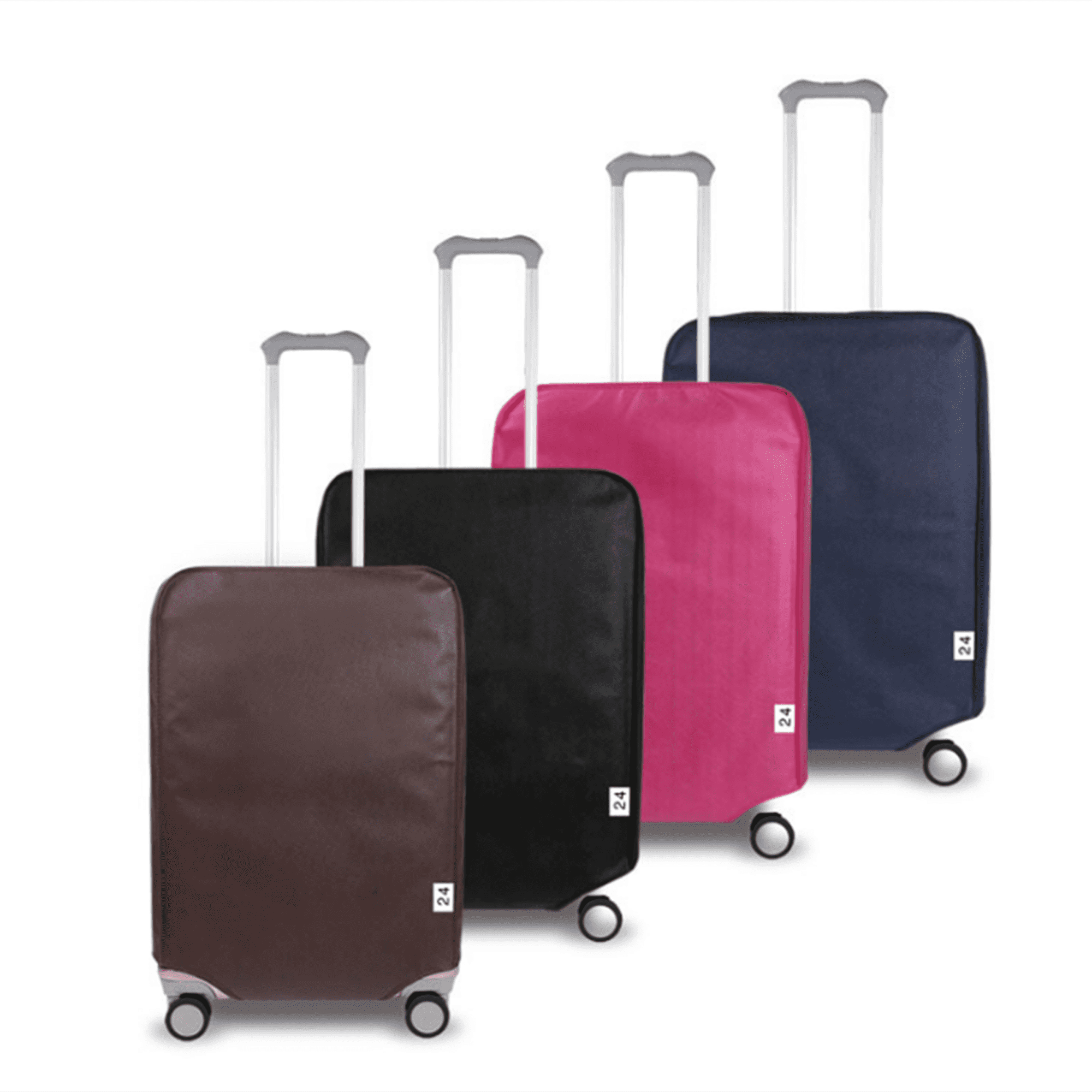 A set of four non-woven luggage dust proof covers in brown, black, pink, and navy blue, each with handles. Non Woven Luggage Dust Proof Cover - Image 1