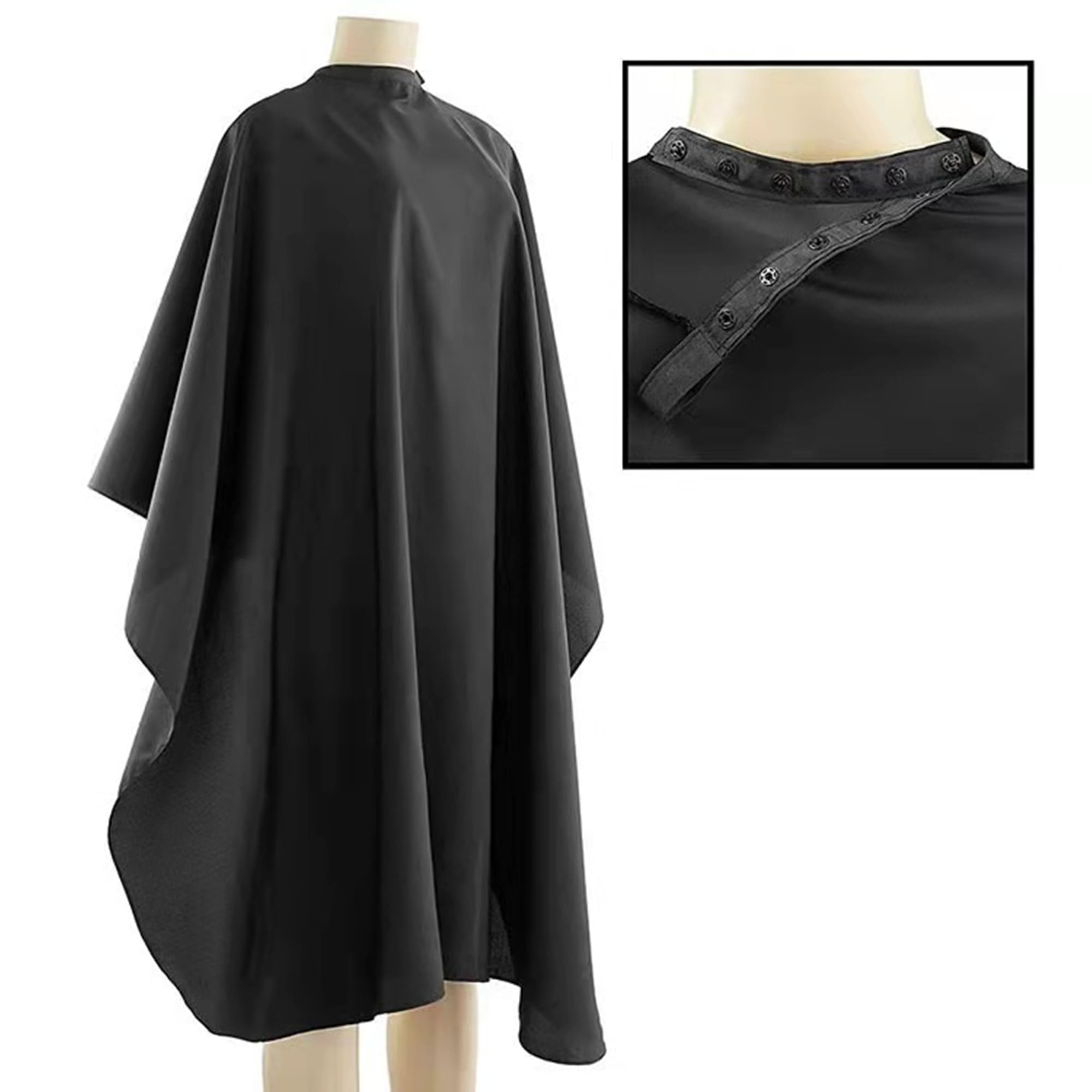A black hair cutting smock with a high collar and snap closures, displayed on a mannequin. Hair Cutting Smocks - Image 1