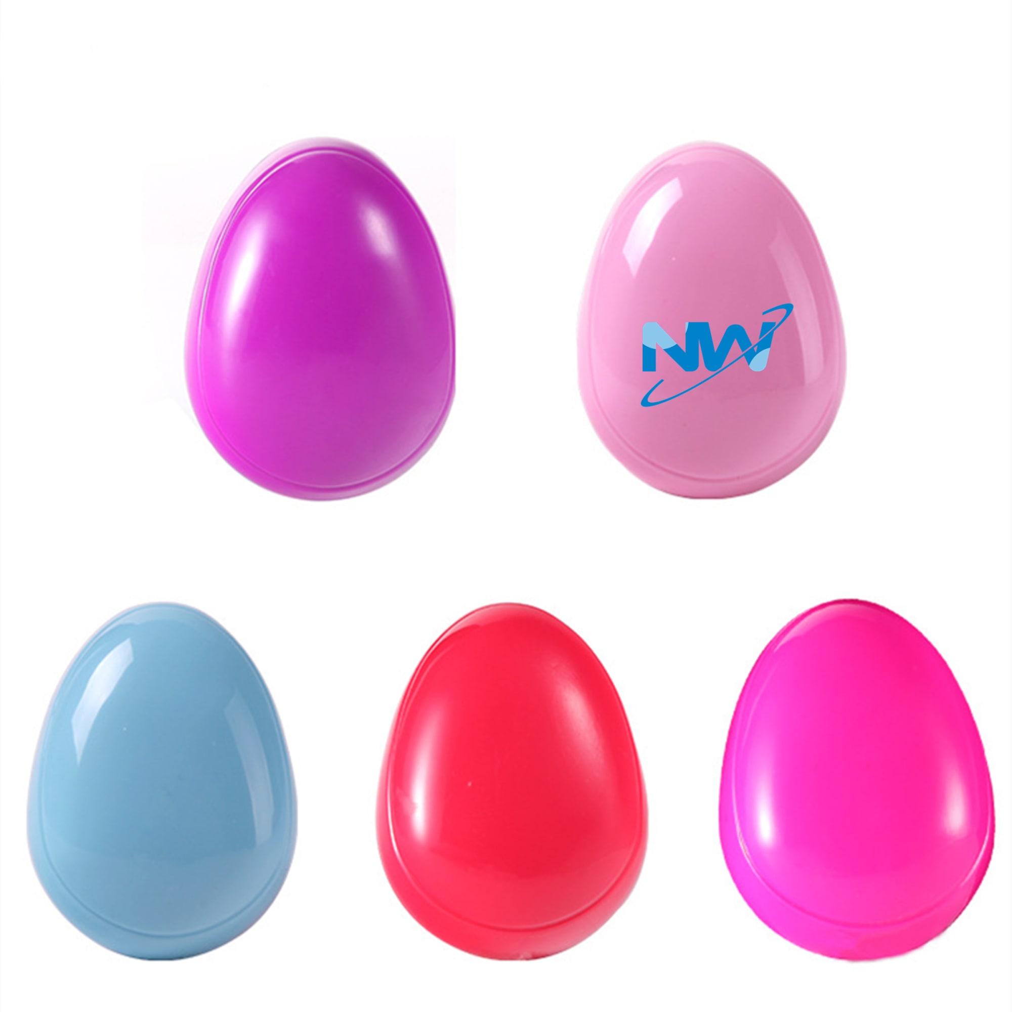 An egg-shaped comb in pink, purple, blue, red, and pink, featuring a logo on one of the combs. Egg-shaped Comb - Image 1