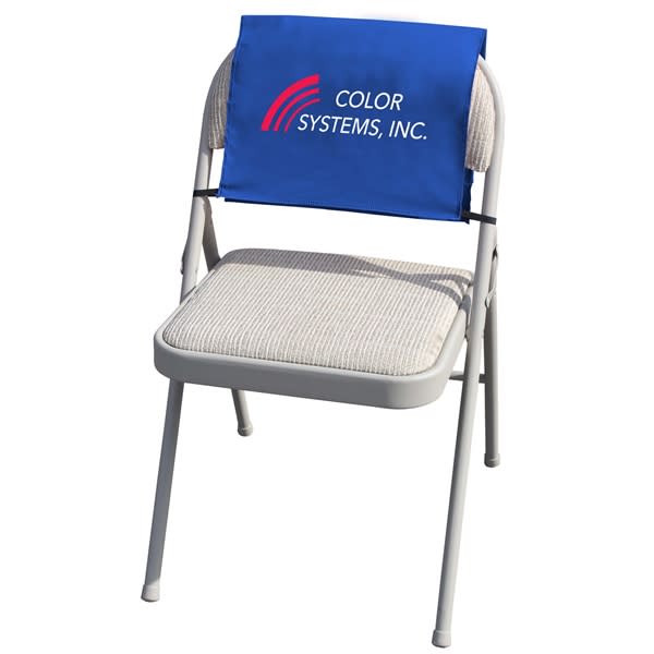 A white folding chair with a blue fabric advertising cover attached to the back, featuring a logo. Reusable Fabric Chair Advertising Covers - Image 1