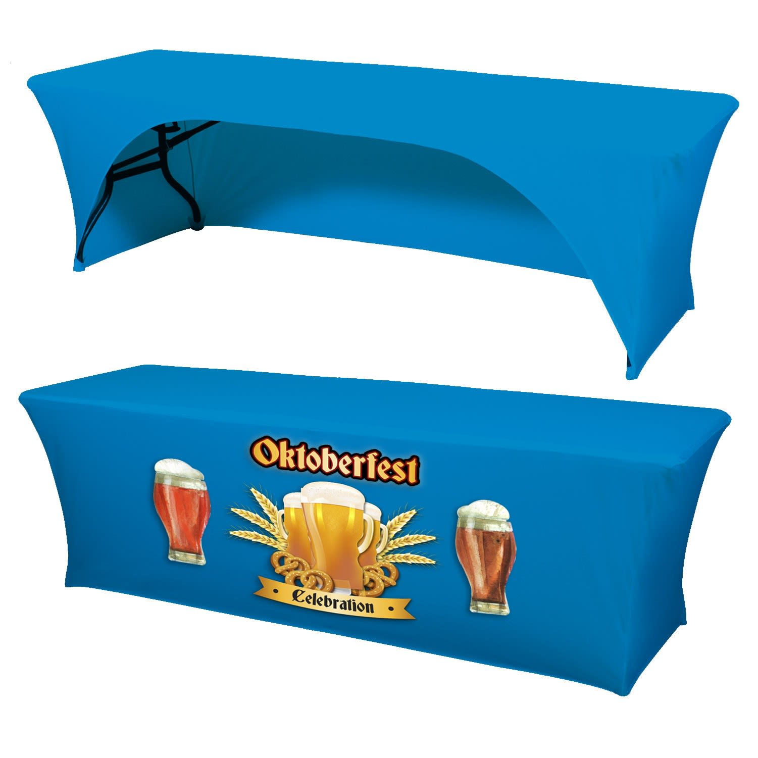 A blue stretch table throw for a 6' x 30" table, featuring a festive Oktoberfest design with beer mugs and wheat. 6' x 30" Top x 29" H Stretch 3-Sided Table Throw - Image 1