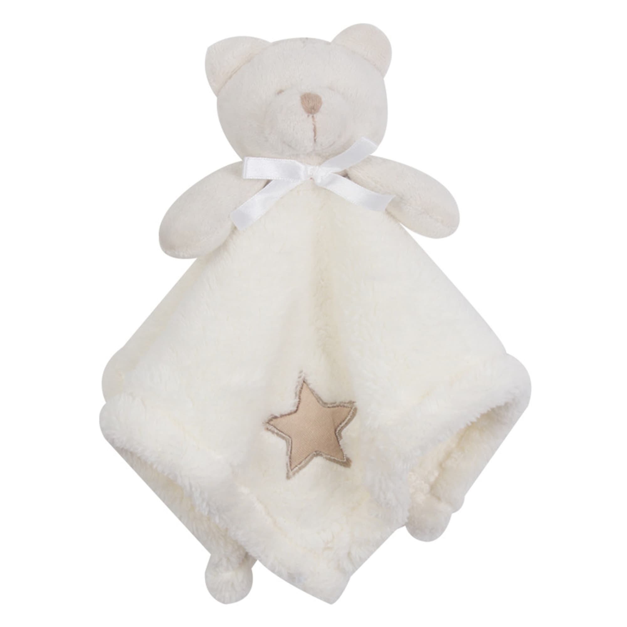 A soft cream baby blanket featuring a plush bear head and a beige star pattern on the fabric. Bear Baby Blanket - Image 1