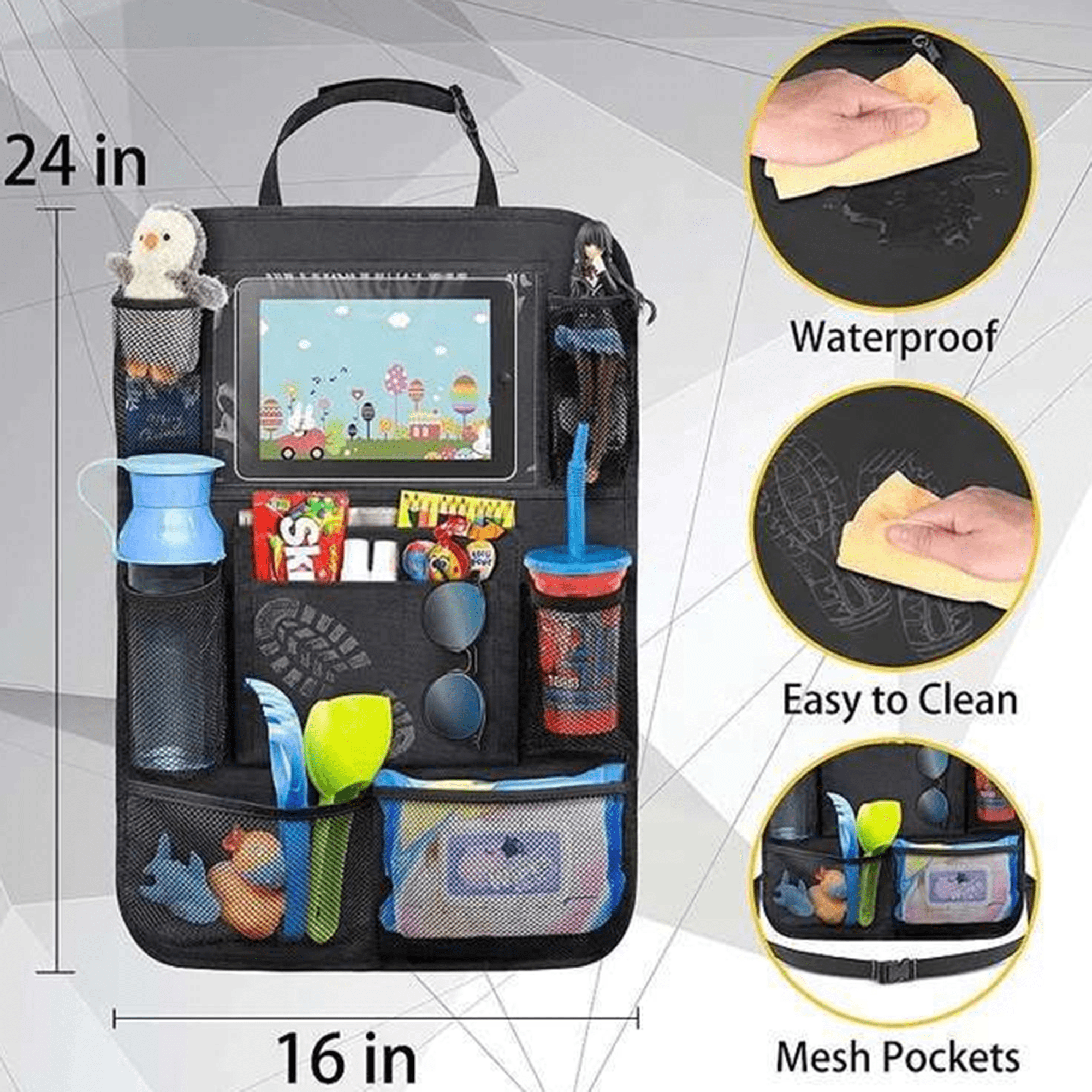 A black car seat organiser bag featuring mesh pockets, a place for a tablet, and various storage compartments. Car Seat Organizer Bag - Image 1