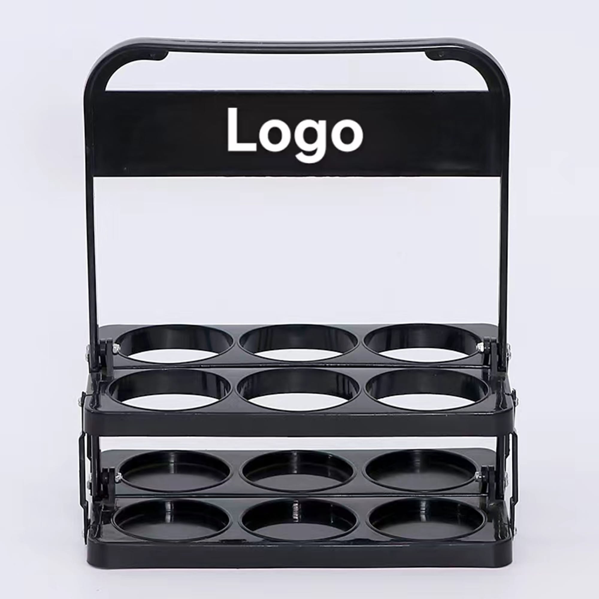 A black drink carrier with a handle, featuring eight circular compartments for bottles or glasses. Beer Basket - Image 1