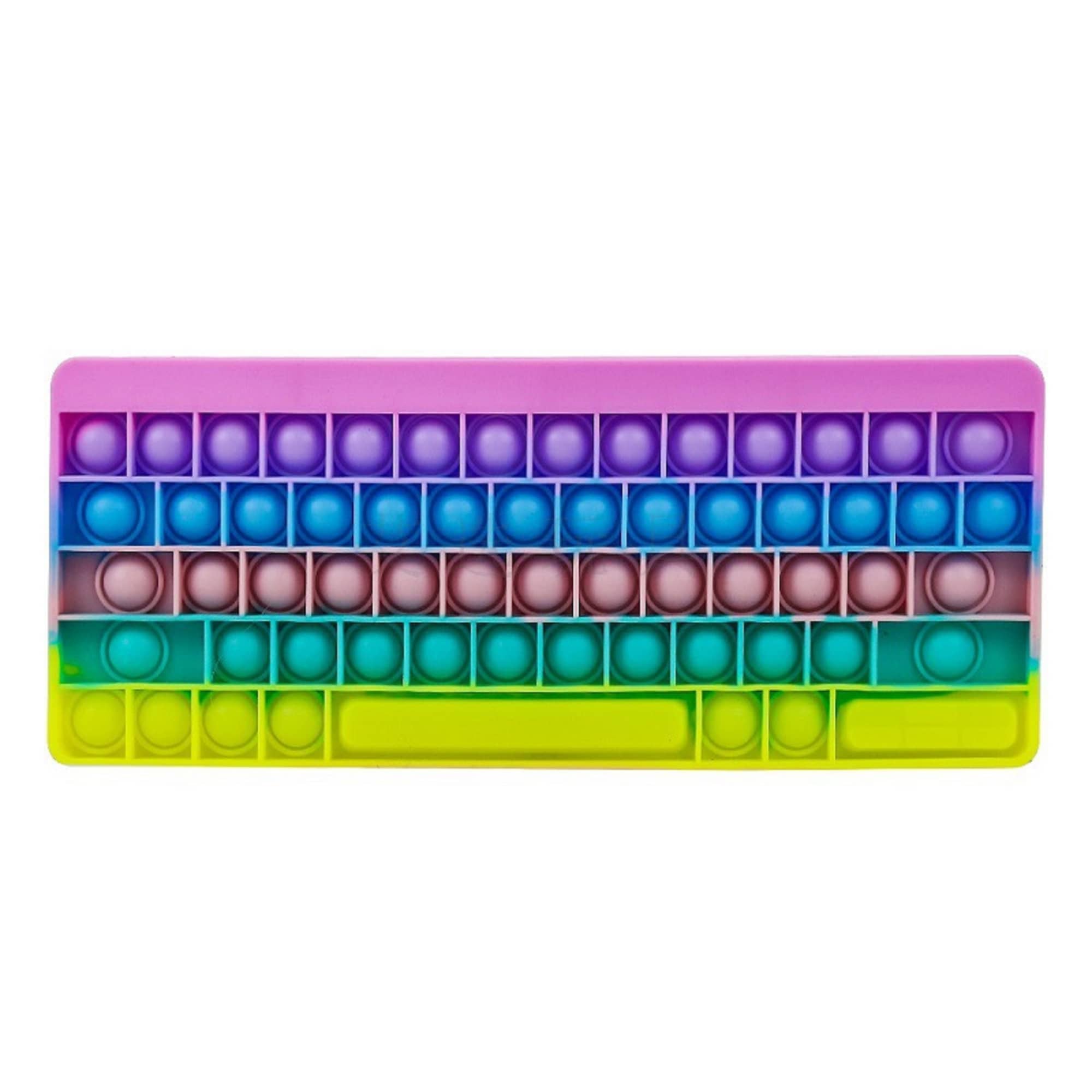 A colourful fidget keyboard in bright pink, blue, green, and purple, featuring various poppable bubbles in a keyboard layout. Pop Fidget Keyboard - Image 1