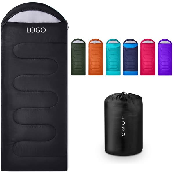 A lightweight backpacking sleeping bag in black, accompanied by various coloured compression bags. Features a logo. Lightweight Backpacking Sleeping Bag - Image 1
