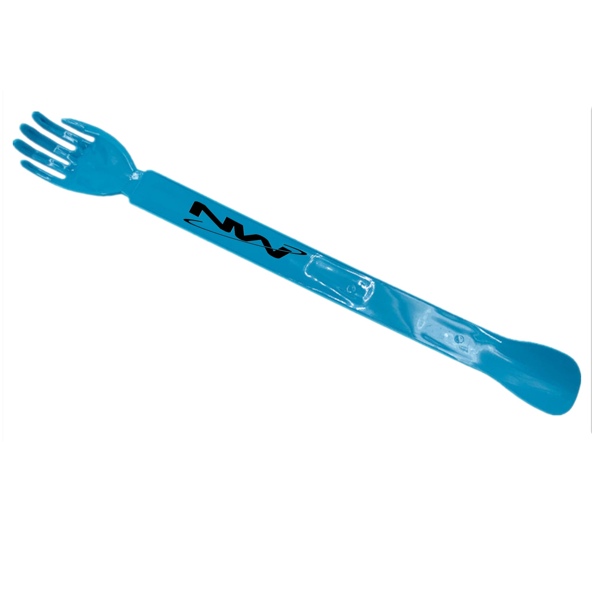 A blue helping hand back scratcher with a shoe horn, featuring a logo on the side. Helping Hand Back Scratcher with Shoe Horn - Image 1