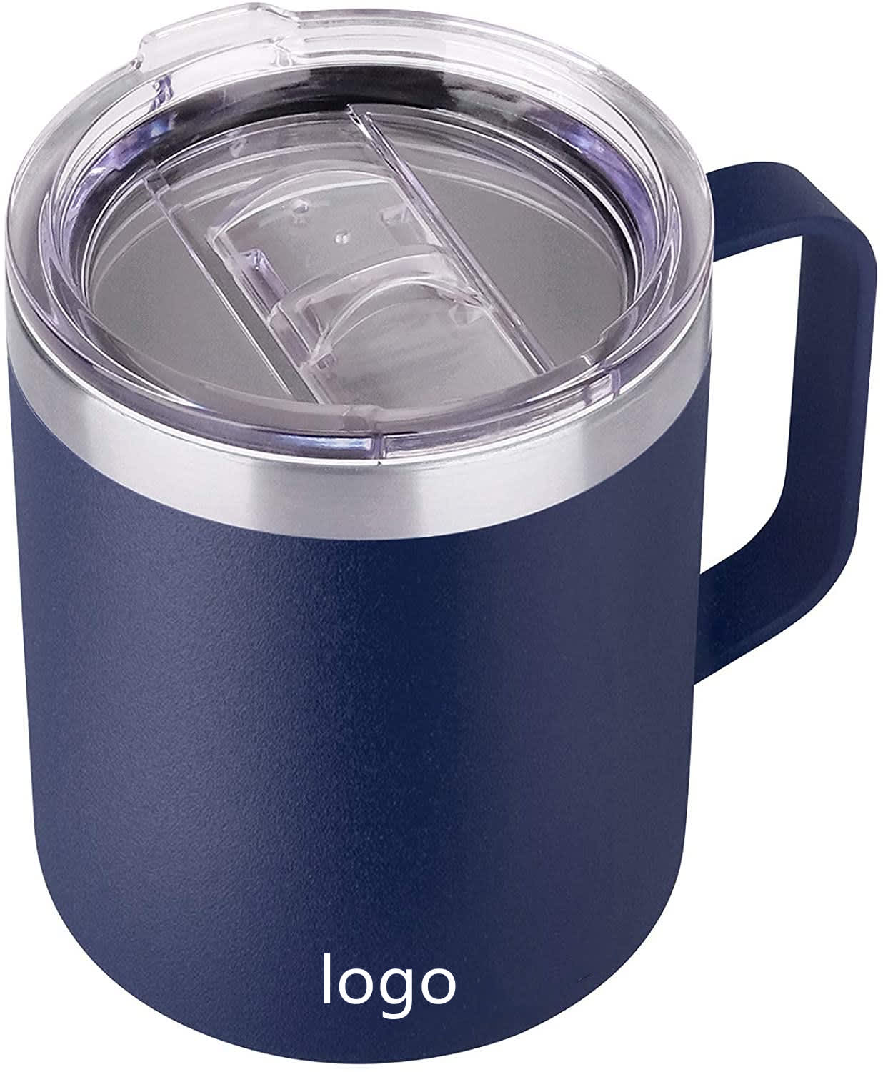 A navy blue vacuum insulated camping mug with a clear lid and a handle, featuring a logo. Vacuum Insulated Camping Mug with Lid - Image 1