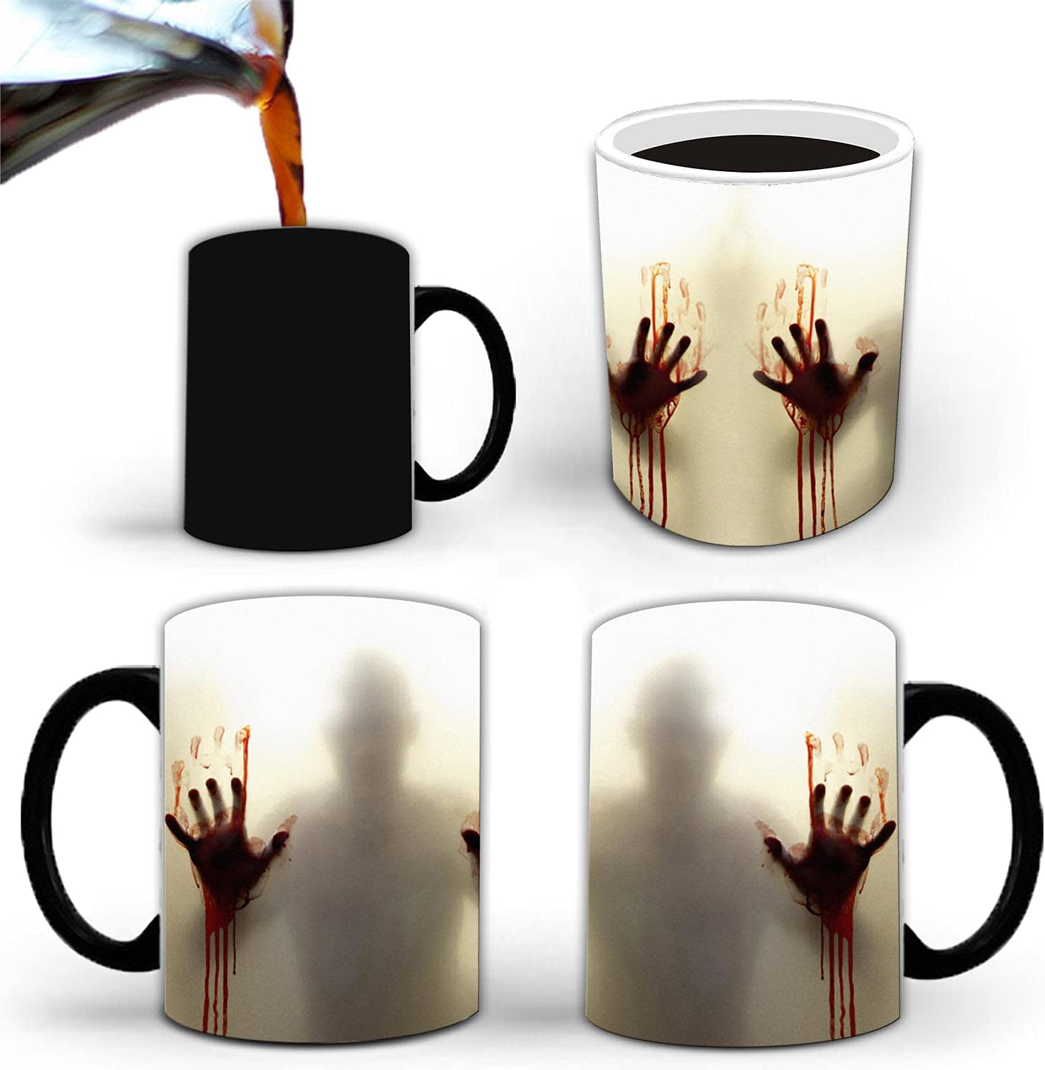 A heat-sensitive coffee mug that changes from black to reveal a horror-themed design with silhouettes and bloody handprints. 11 OZ Heat Sensitive Color Changing Walking Corpse Horror Coffee Mugs - Image 1