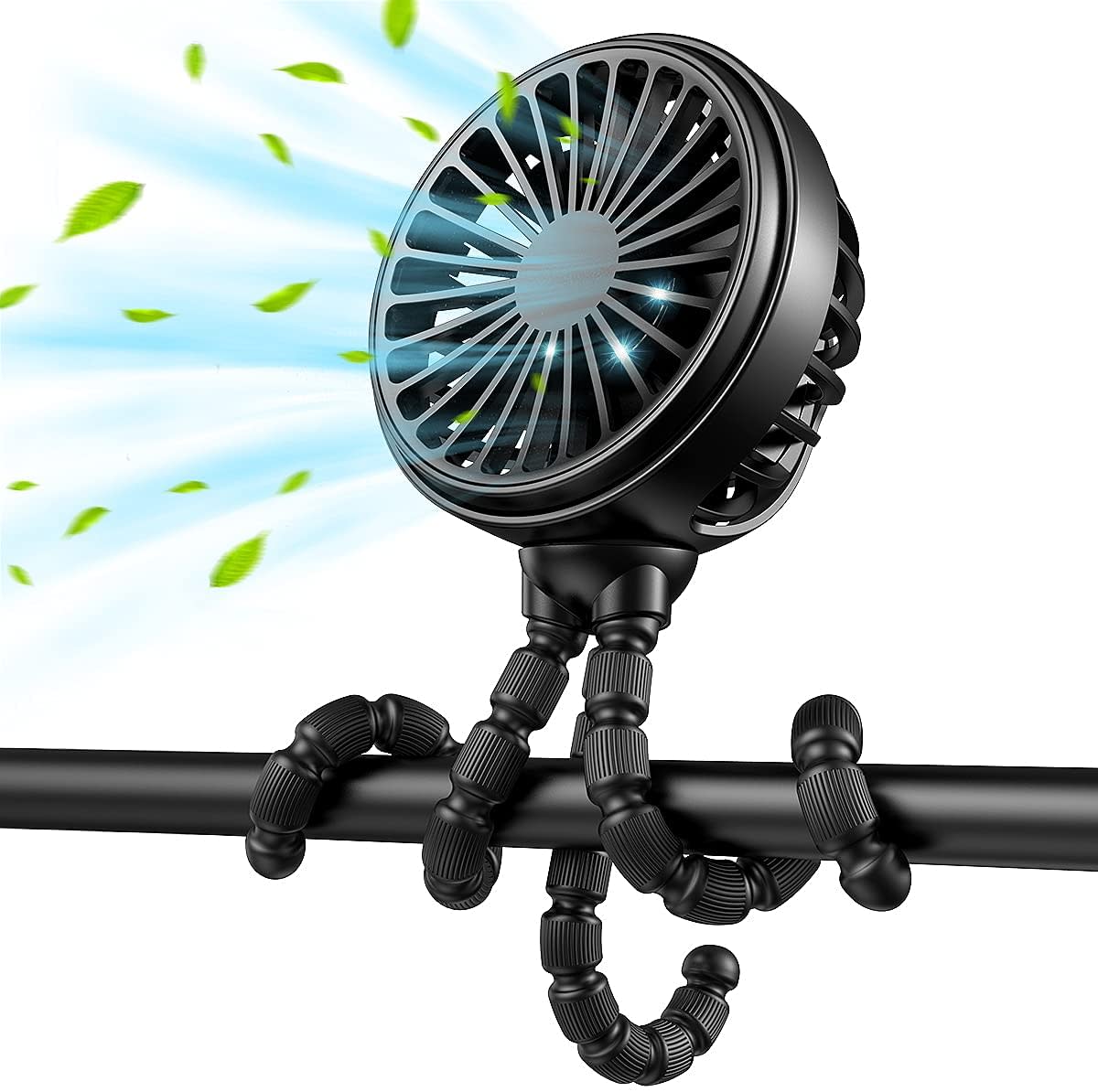 A black stroller fan with a flexible tripod, featuring blades and airflow indicated by green lines. Stroller Fan with Flexible Tripod - Image 1