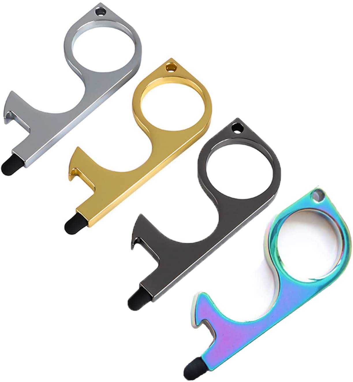 A collection of three No Touch Door Opener Tools in silver, gold, and rainbow finishes, featuring a keyring hole and rubber tip. No Touch Door Opener Tool - Image 1