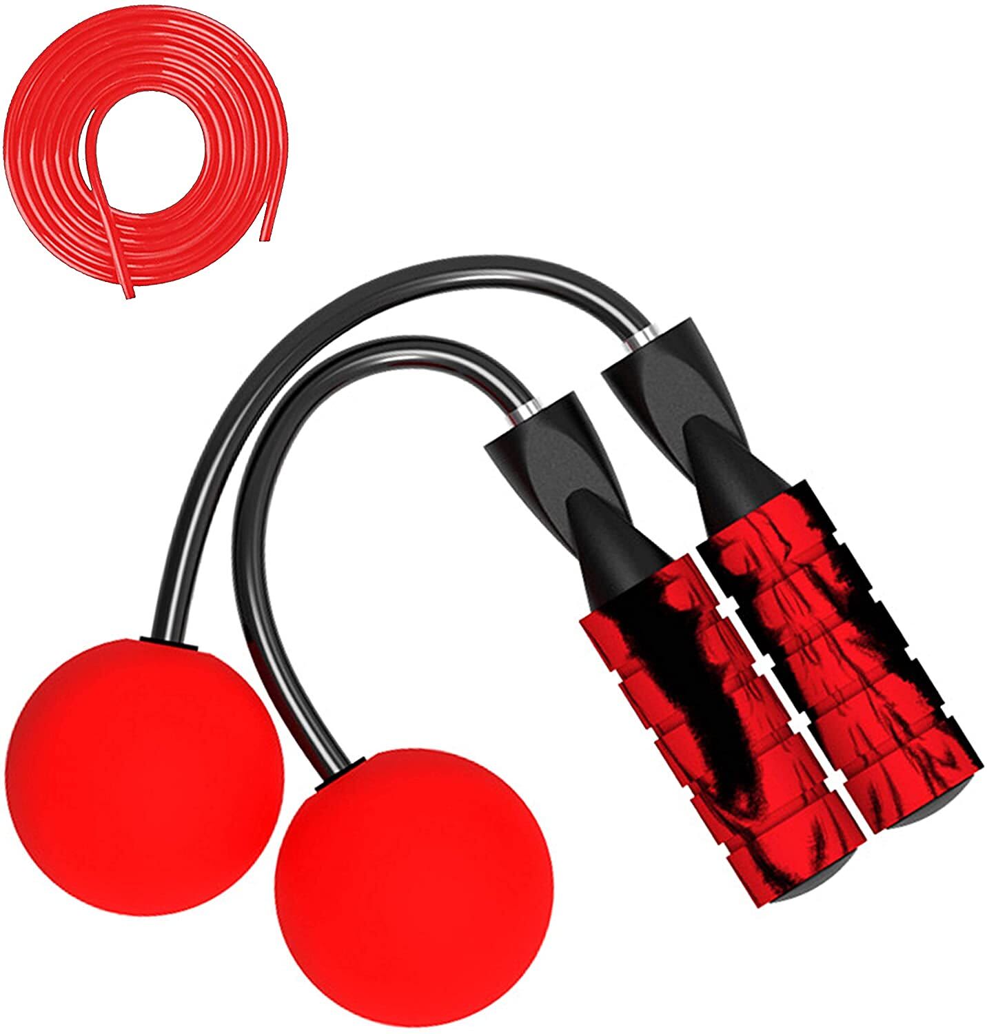 Red cordless jump rope with two balls, featuring black handles and a red cord. Includes a logo on the product. 2 in 1 Cordless Indoor Jump Rope with Two Balls for Narrow Space - Image 1