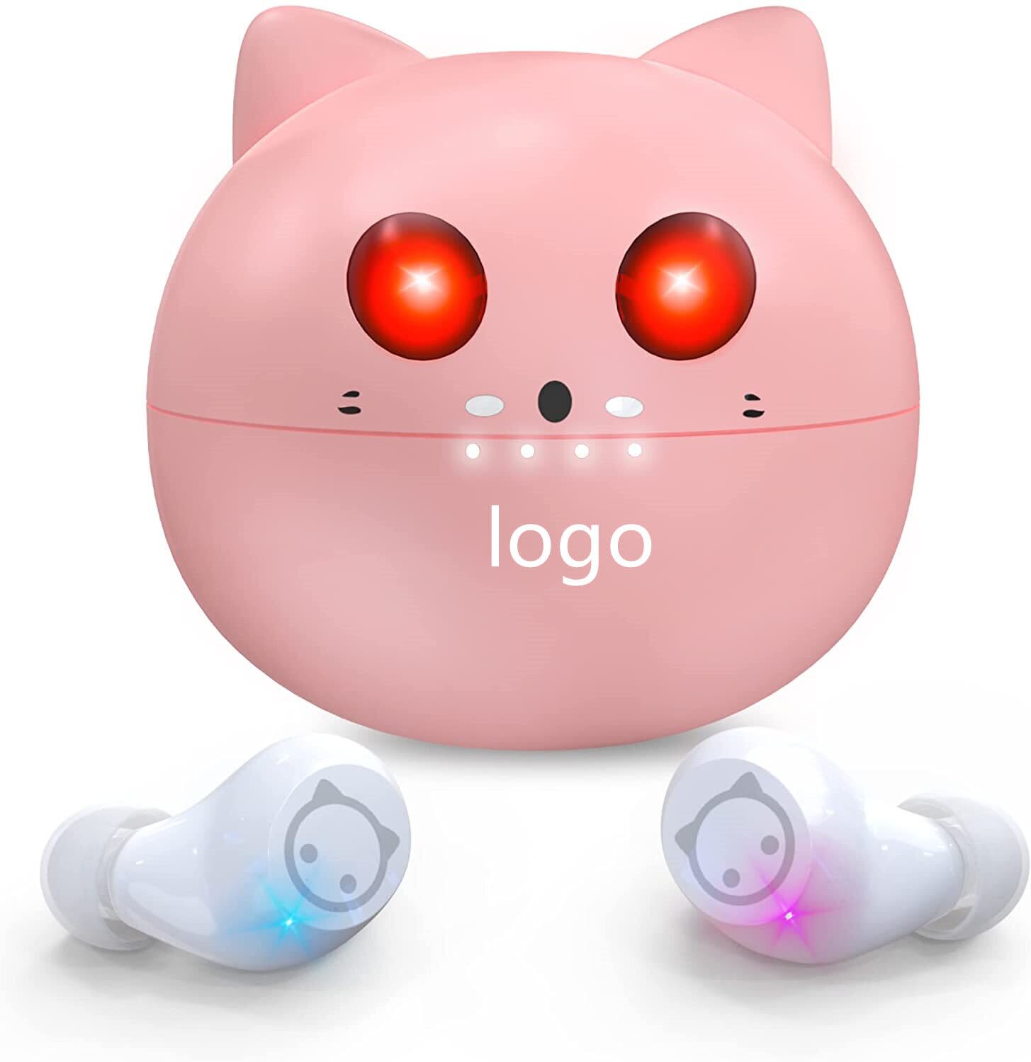 A pink cat-themed wireless earset with a round charging case and two earbuds featuring light indicators. Cute Kittycat Cartoon Design in-Ear TWS Wireless Earset with Dual Micphone - Image 1