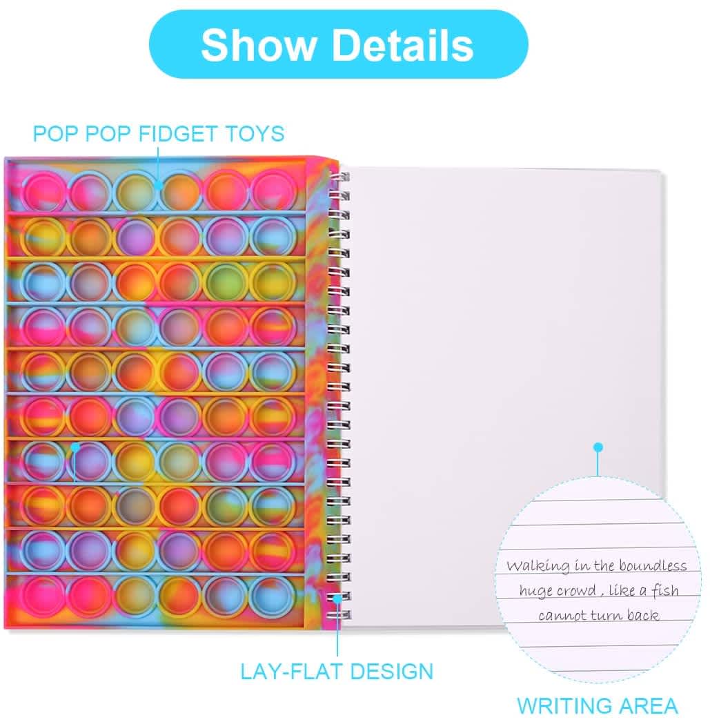 A5 Pop Bubble Fidget Notebook featuring a multi-coloured pop bubble cover and a blank writing area. Includes a logo. A5 Pop Bubble Fidget Notebook - Image 1