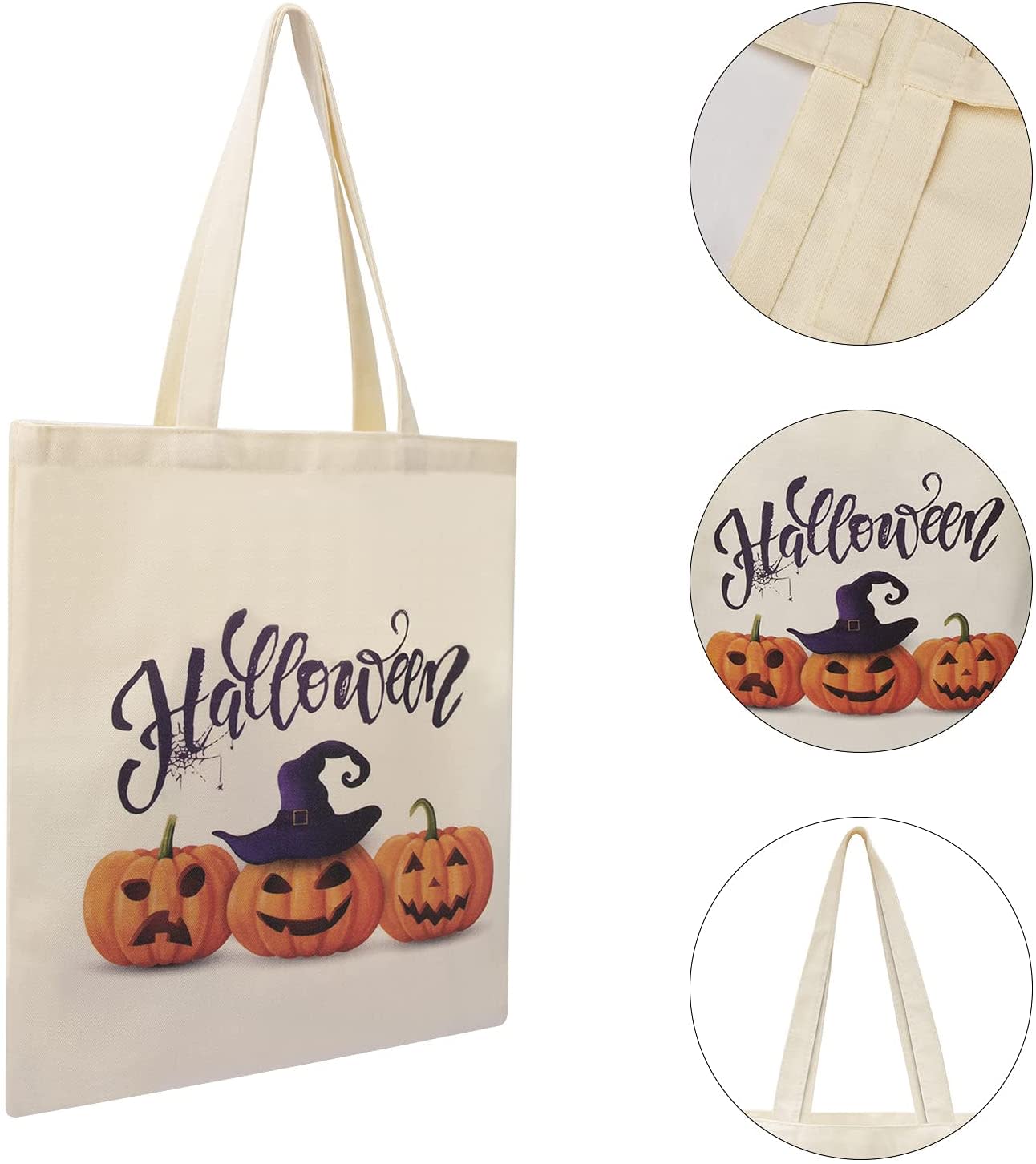 A reusable canvas tote bag in cream with a Halloween design featuring pumpkins and a witch's hat. It has a logo. Reusable Canvas Tote Bag - Image 1