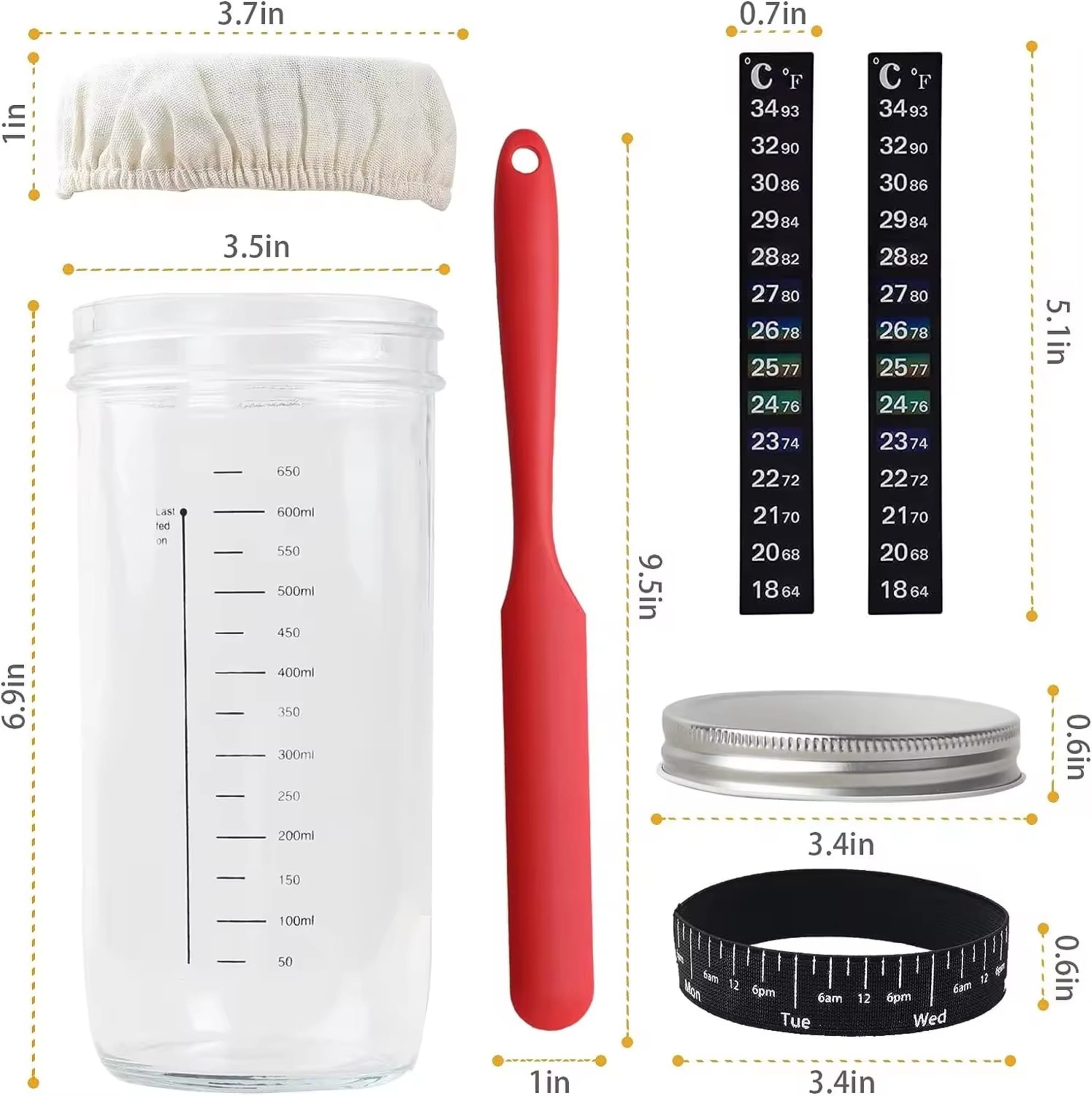 A 32 oz. clear Mason fermenter jar with a red silicone spatula, lid, fabric cover, and measurement tools, featuring a logo. 32 oz.Mason Fermenter Jar - Image 1