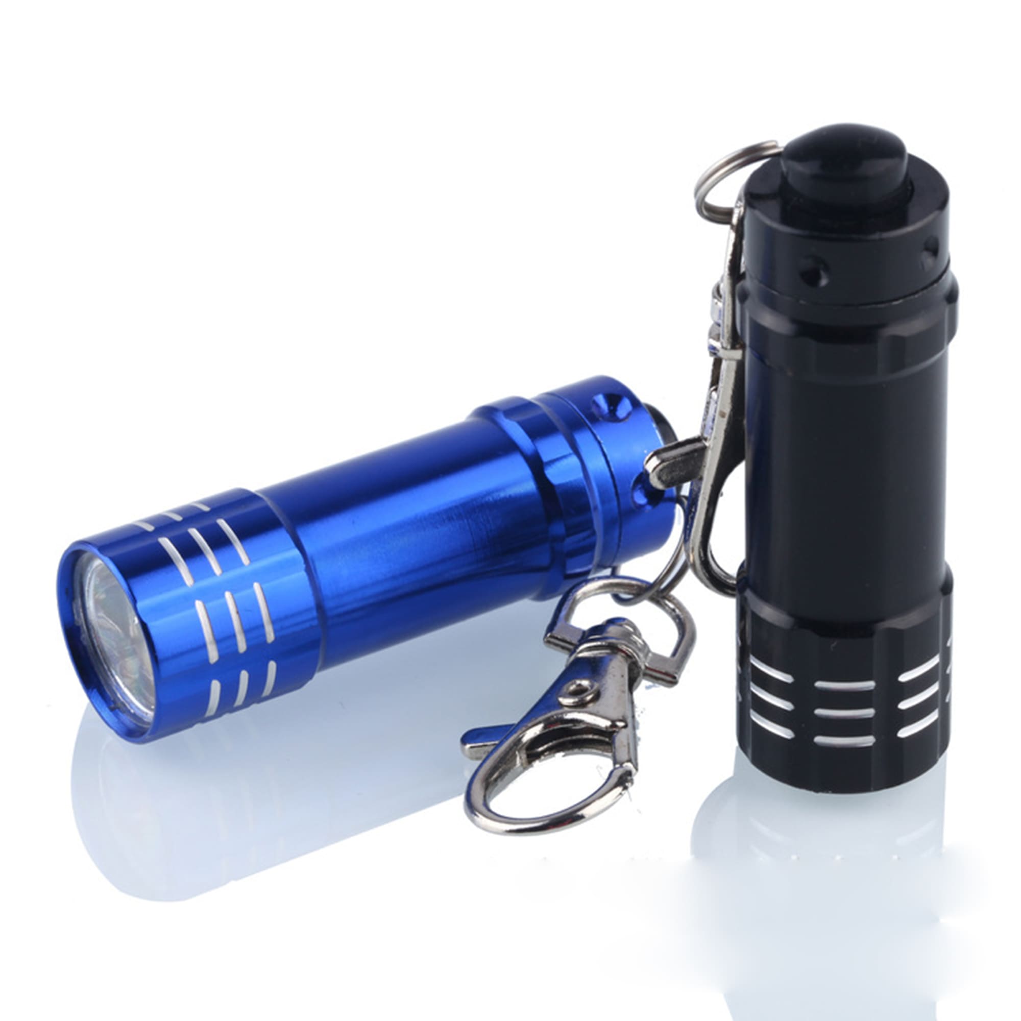 A blue and black mini flashlight with a keychain attachment. It features a metal body with a shiny finish. 3 LED Mini Flashlight With A Key Chain - Image 1