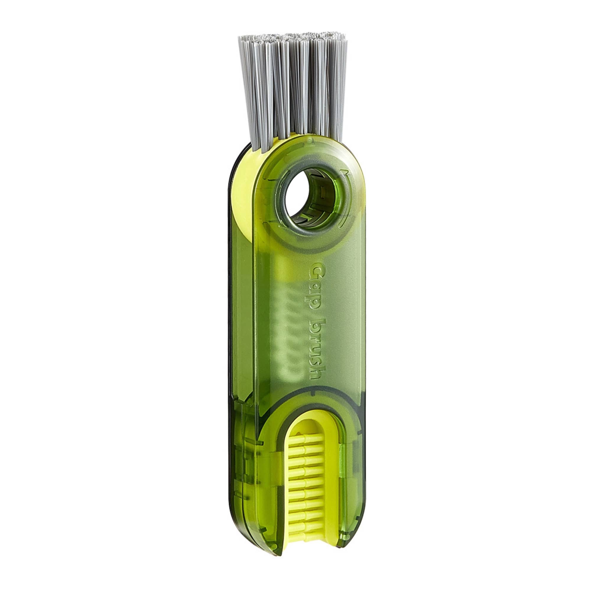 A drink bottle brush in green and grey with bristles for cleaning, featuring a logo on the body. Silicone Bottle Brush - Image 1