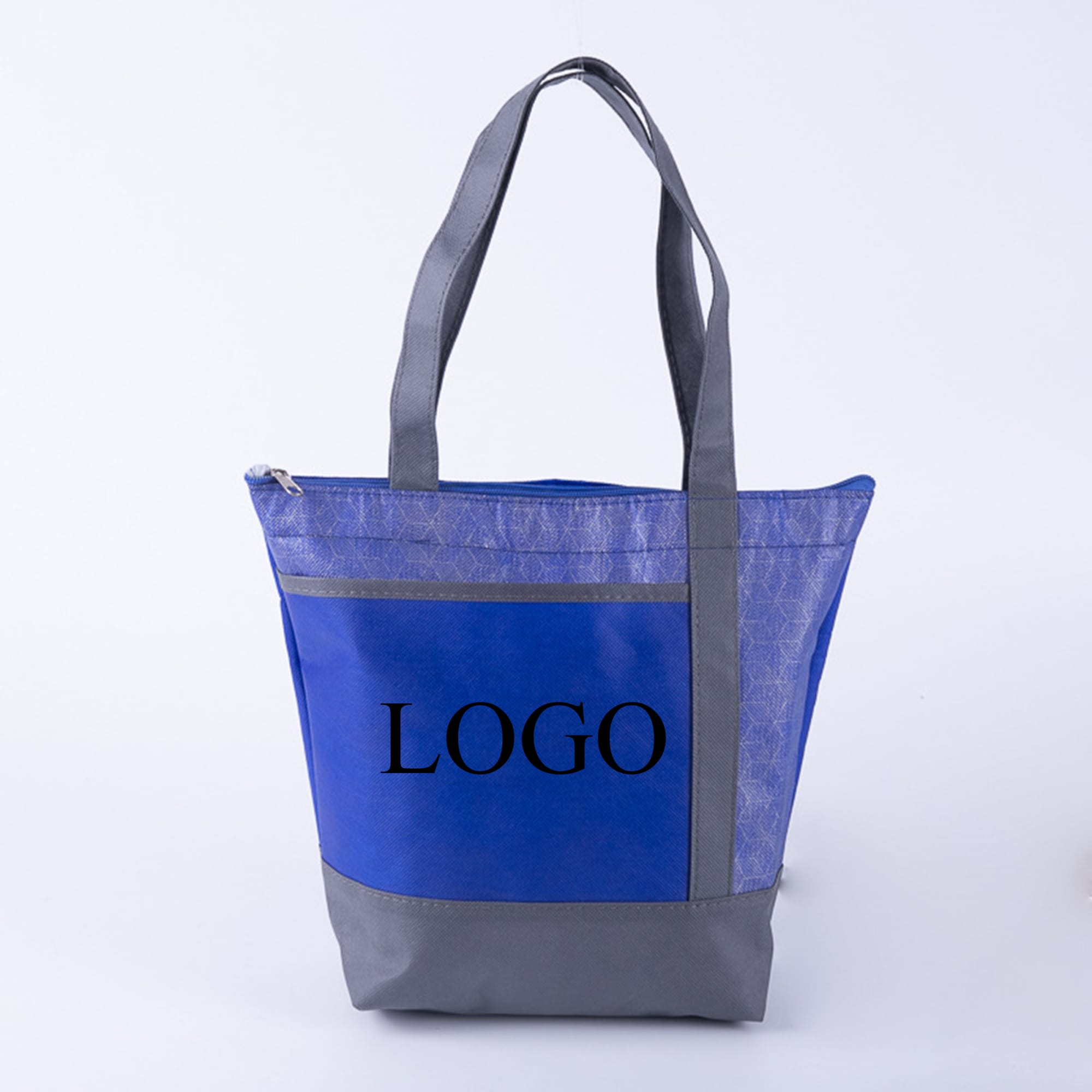 A blue and grey cooler tote bag with a logo on the front and shoulder straps. Lunch Cooler Tote - Image 1