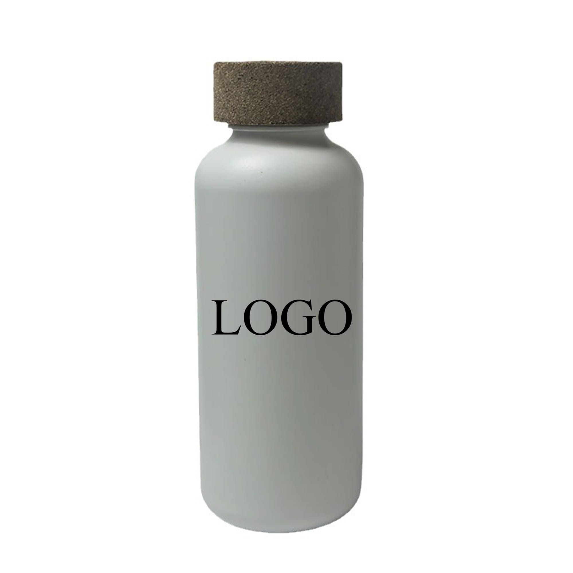 A drink bottle in white with a cork lid and a logo on the front. 22 oz.Organic Sugar Cane Water Bottle - Image 1
