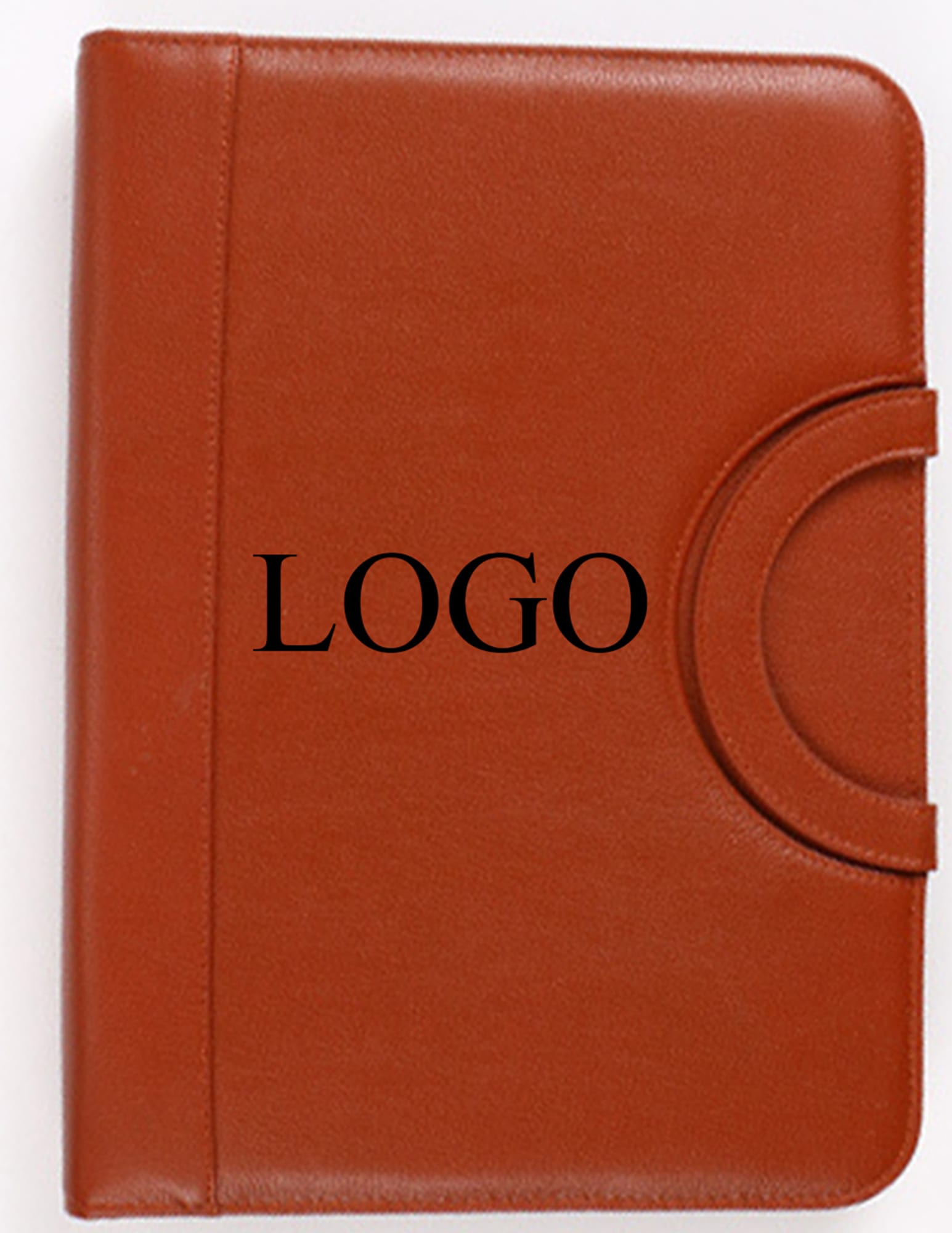 A brown leather portfolio with a circular clasp and a logo on the front cover. Conference Ring Portfolio - Image 1
