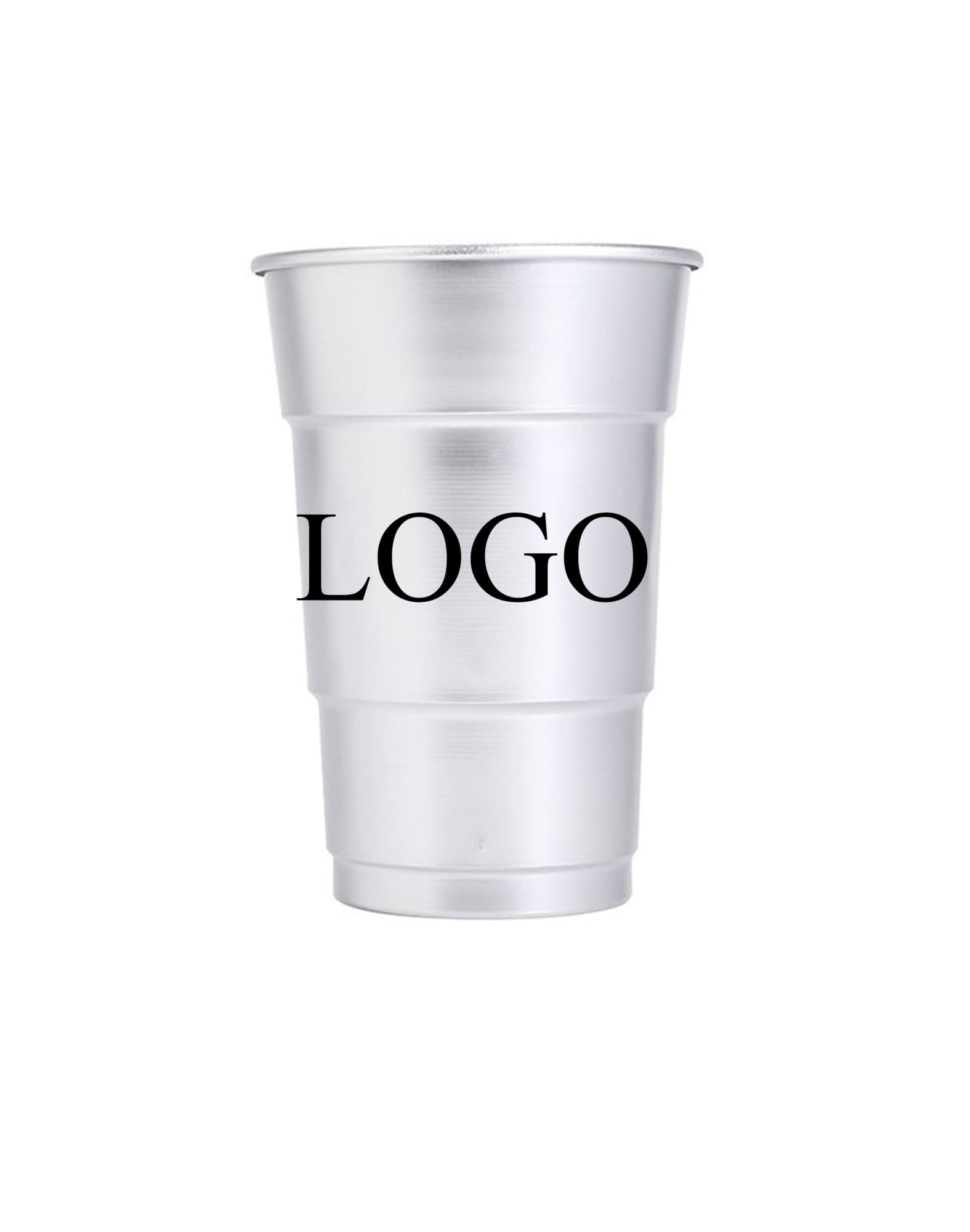 A rolled edge aluminium cup in metallic silver, featuring a logo. Suitable for various drinkware uses. Rolled Edge Aluminum Cups - Image 1