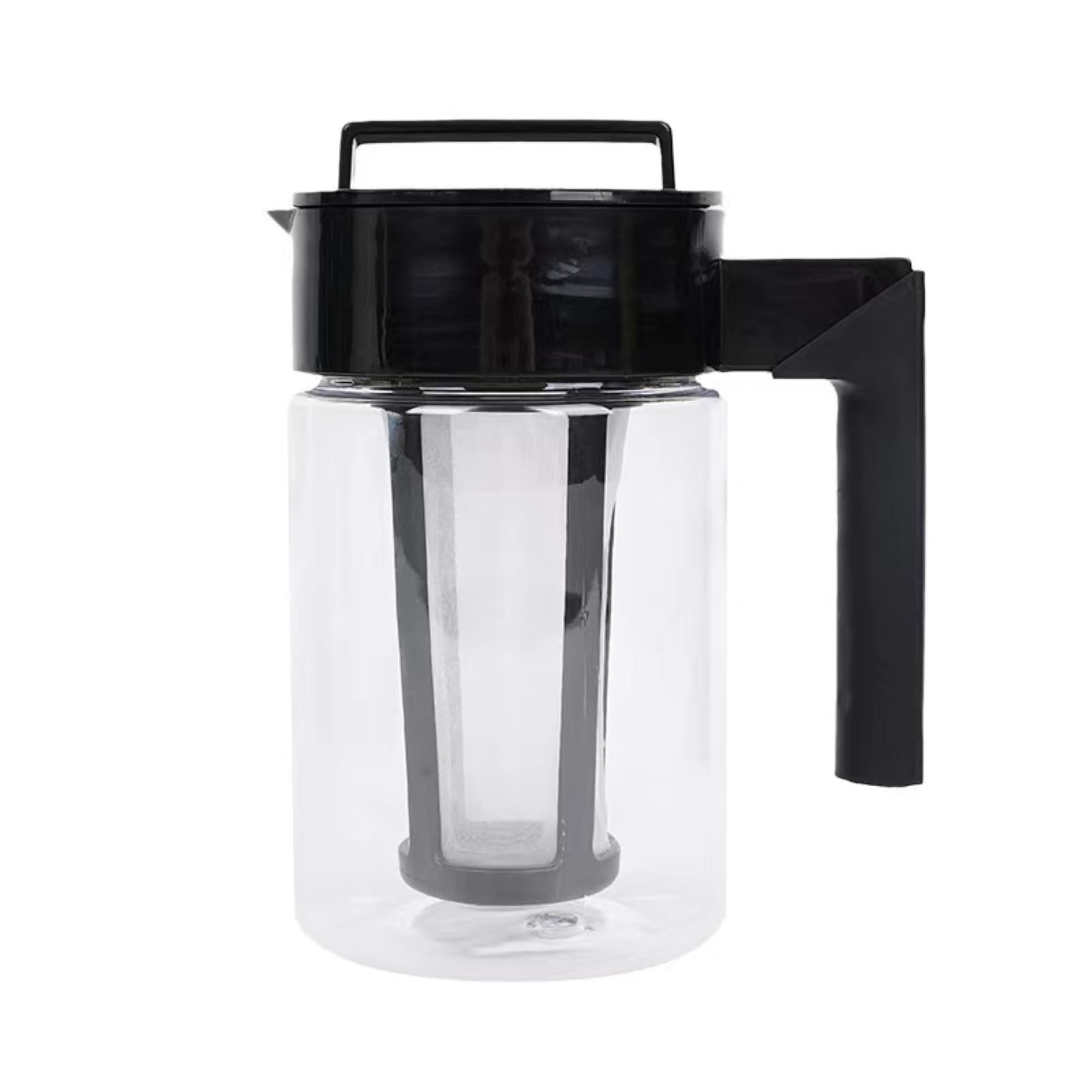 A clear glass cold brew coffee maker with a black handle and lid, featuring a built-in filter. 1 Qt. Cold Brew Coffee Maker - Image 1