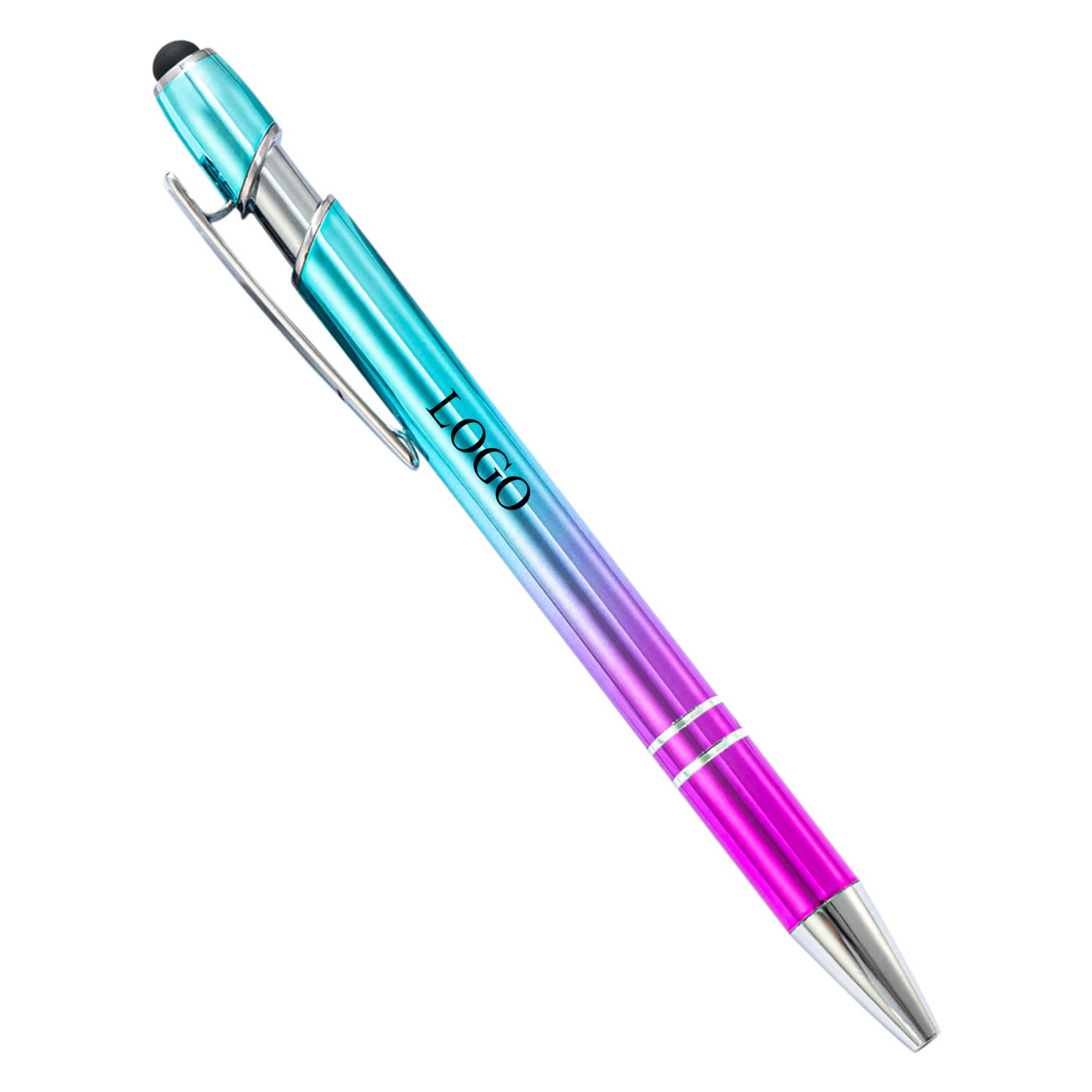 A stylus metal pen featuring a gradient design in turquoise and pink, with a silver clip and branding. Incline Soft Touch Stylus Metal Pen - Image 1