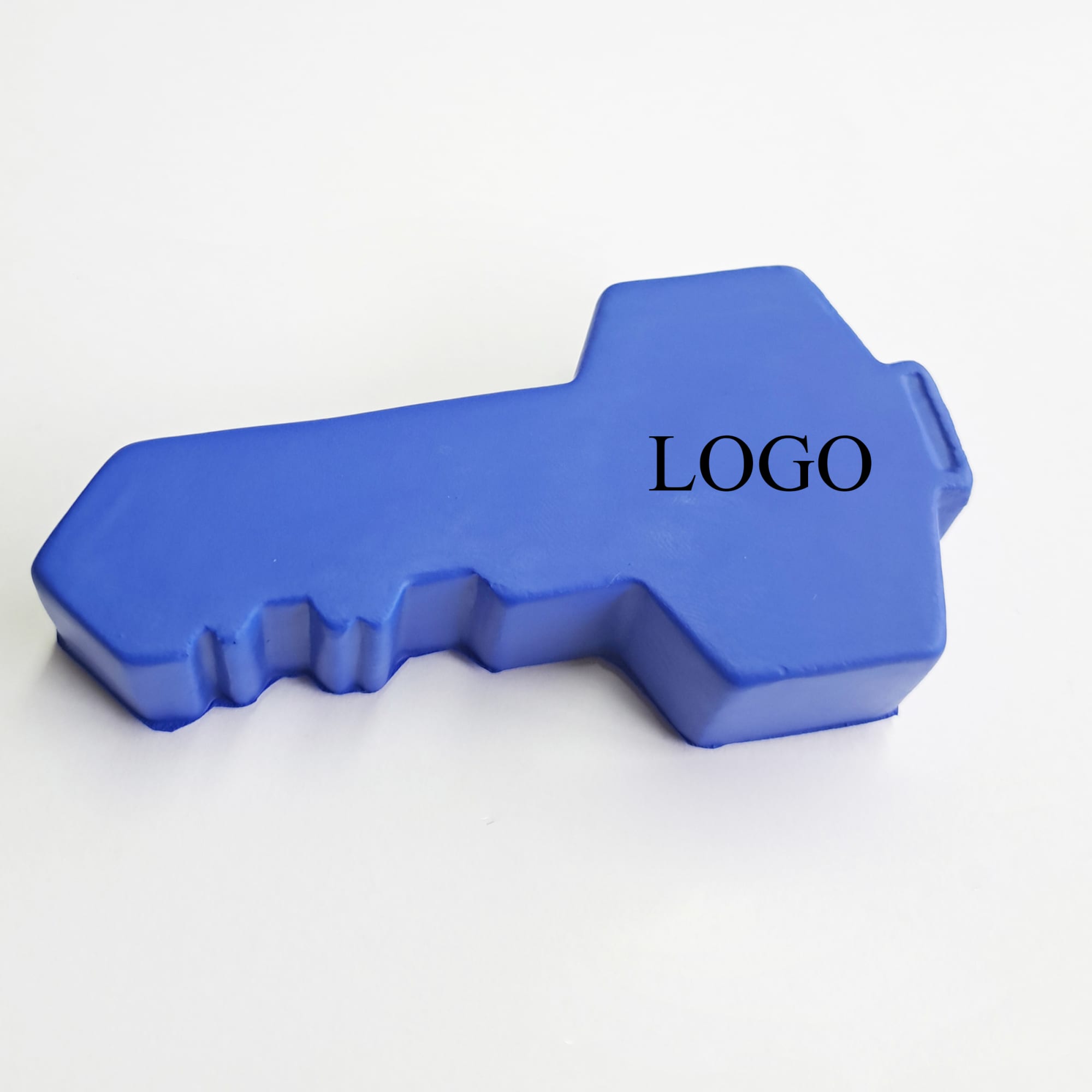 A blue key-shaped stress reliever with a logo on it, designed for promotional use. Key Stress Reliever - Image 1
