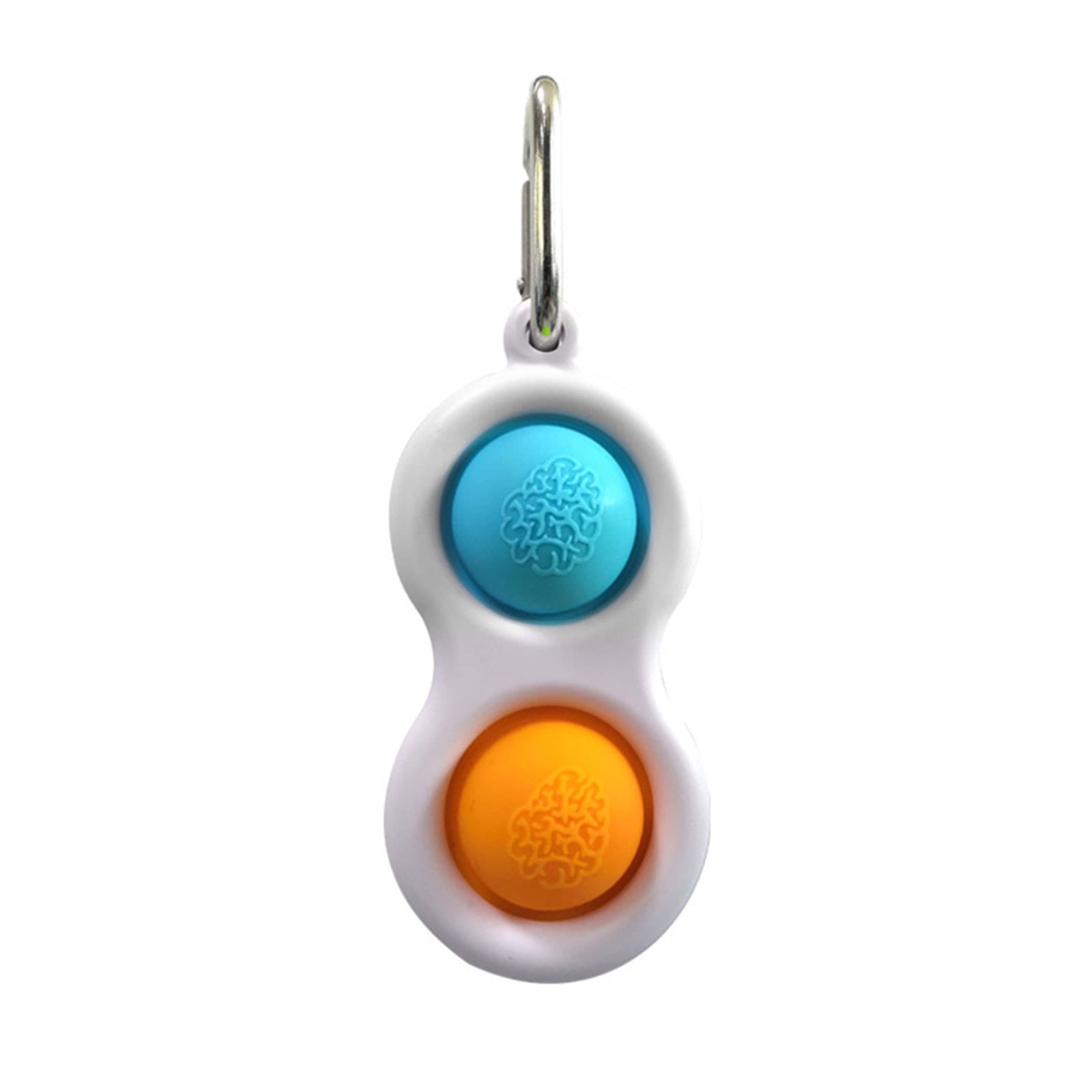 A fidget toy keychain featuring two push bubbles in blue and orange, with a white casing and a keyring attachment. Push Pop Bubble Fidget Toy Keychains - Image 1