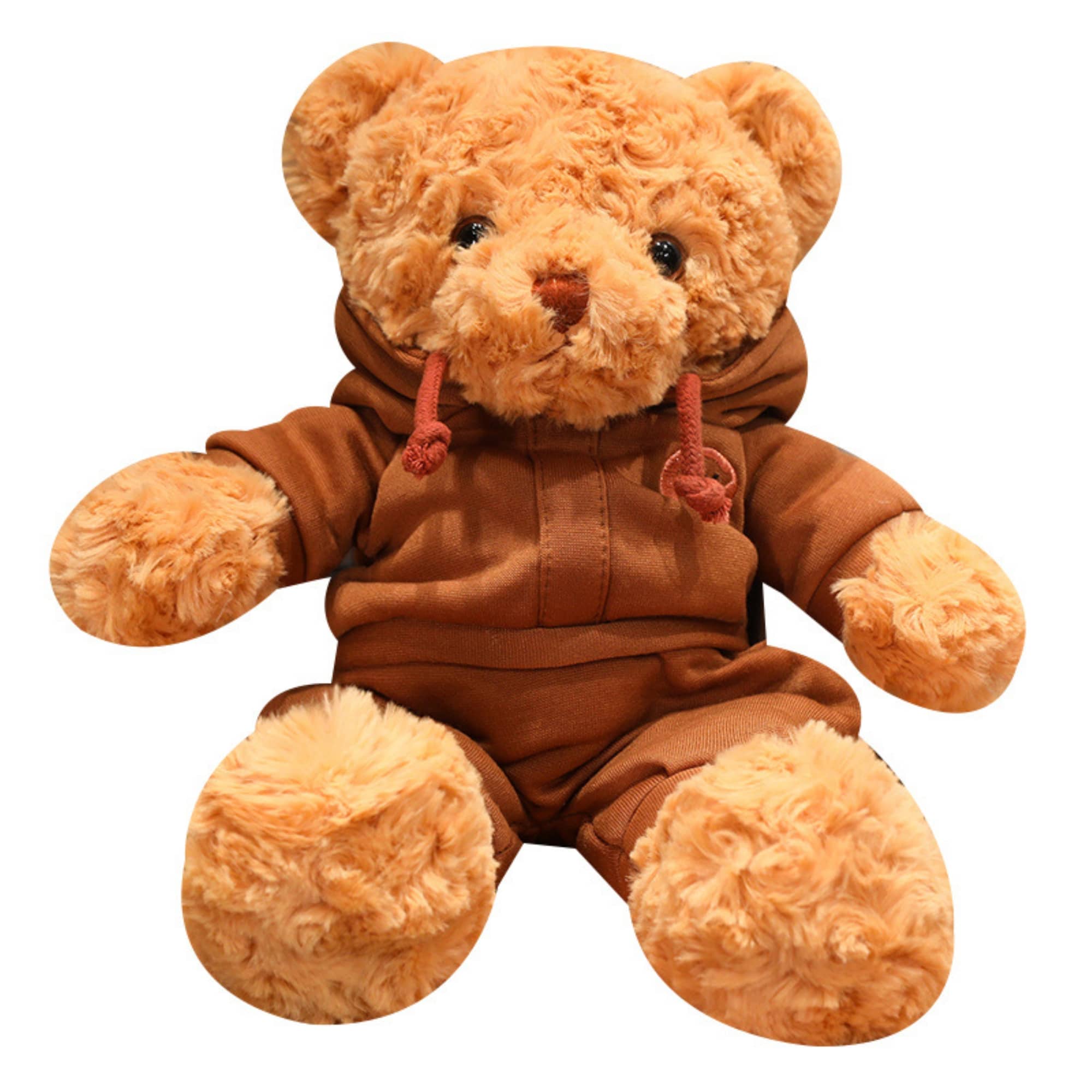 A brown teddy bear wearing a matching hoodie, featuring soft fur and a friendly expression. Teddy Bear- Brown - Image 1