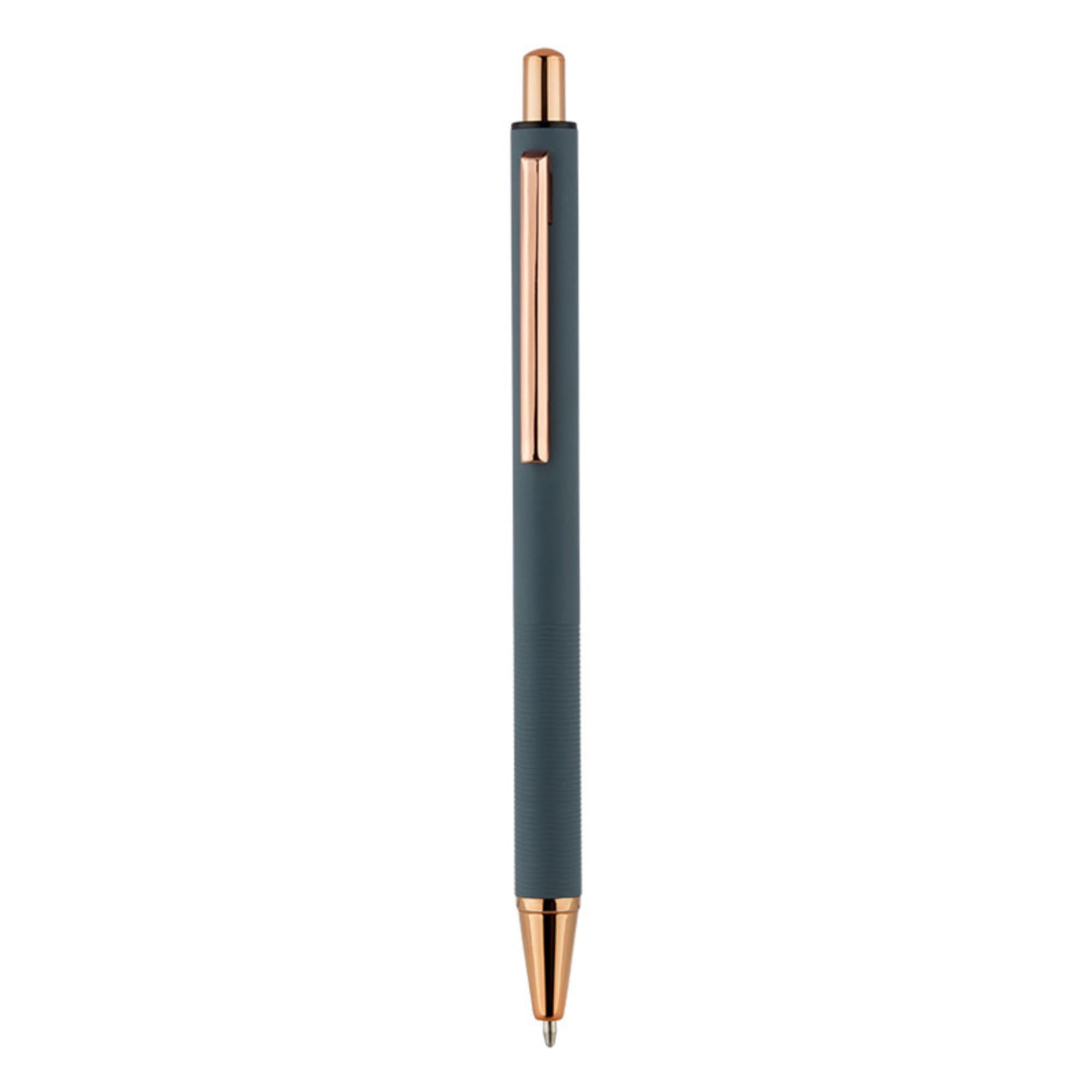 A metal push-up pen in dark grey with a rose gold clip and tip. It features a sleek, modern design. Metal Push-Up Neutral Pen - Image 1