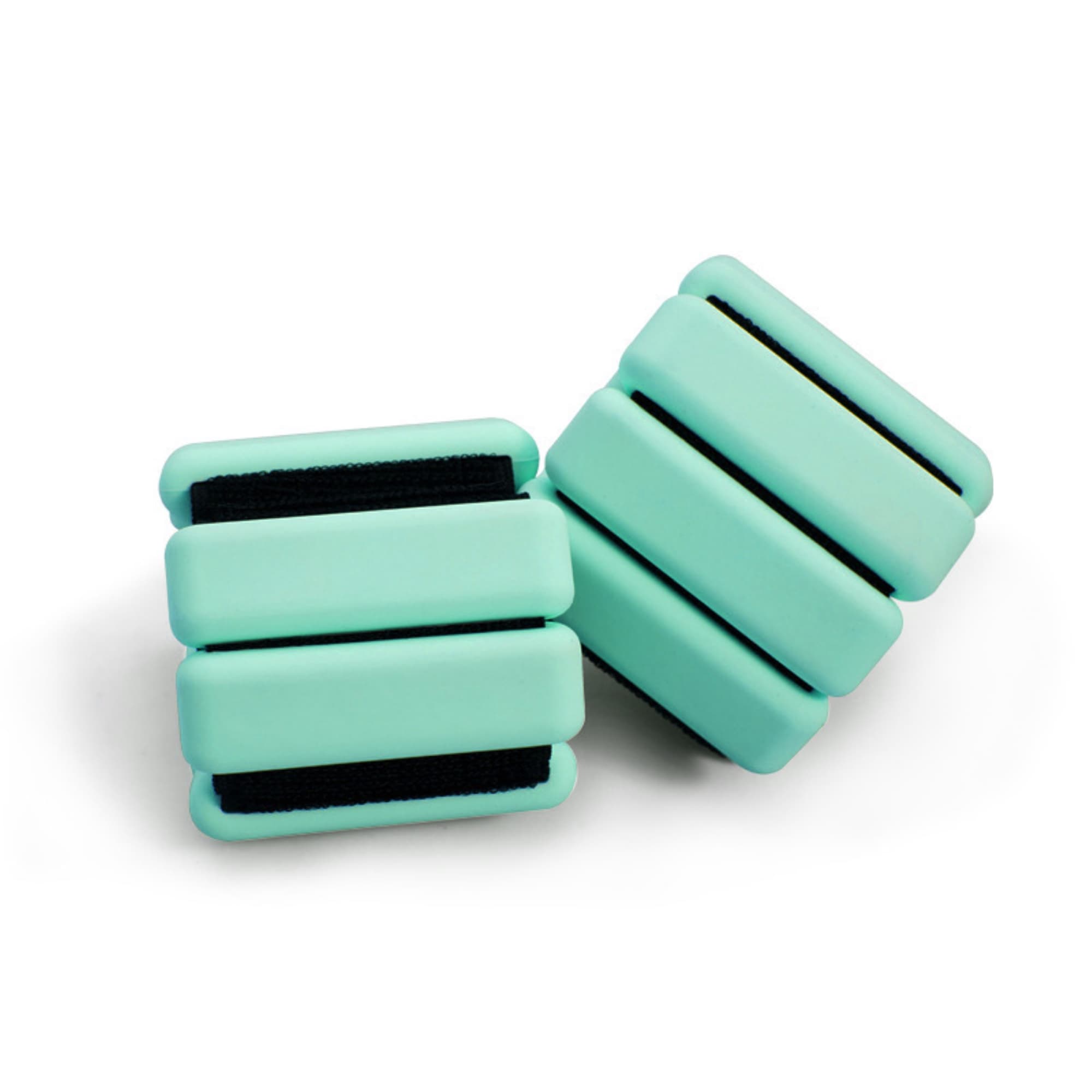 A pair of silicone weighted bracelets in a teal colour with ridged designs. The image includes a logo. Silicone Weighted Bracelet - Image 1