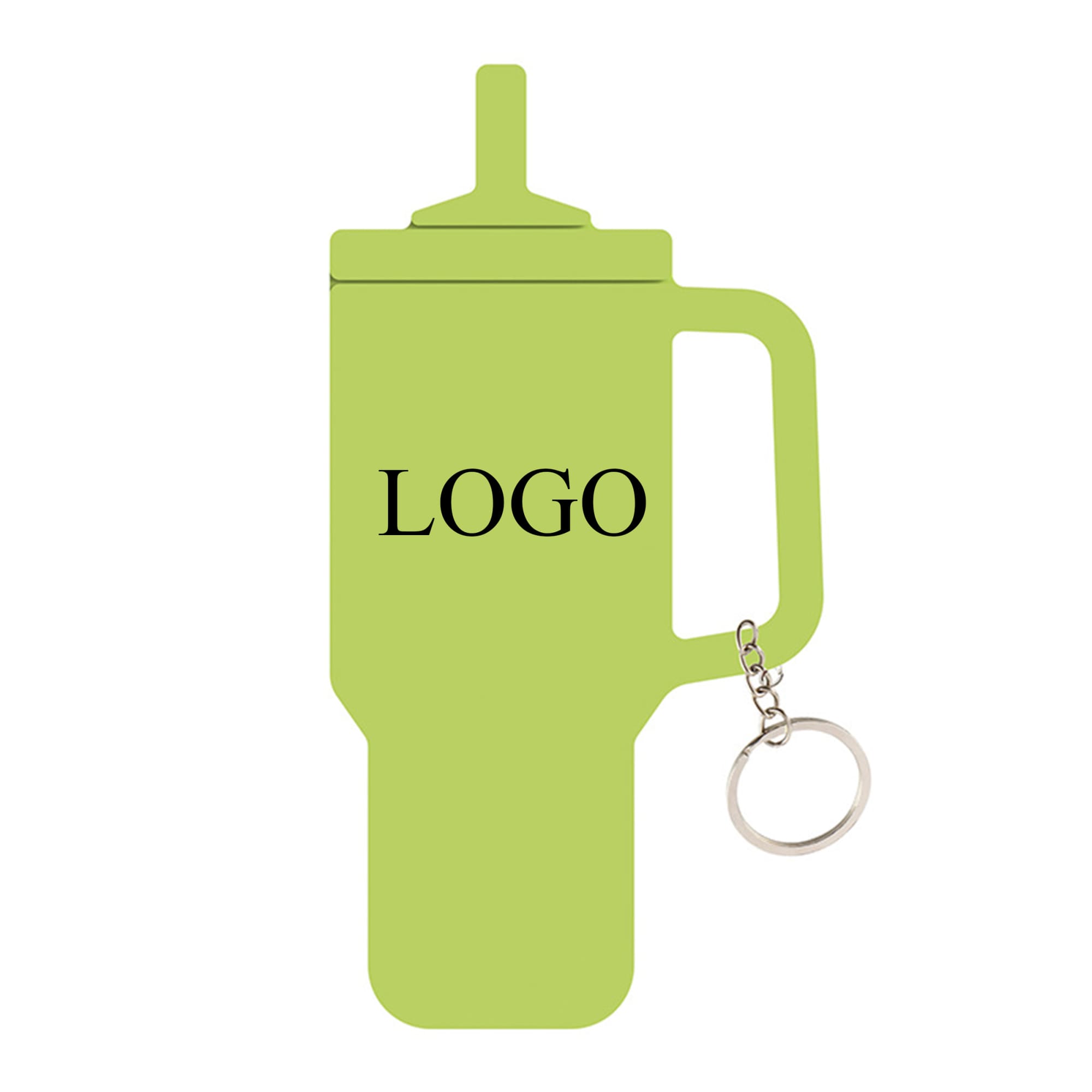 A green tumbler-shaped silicone key ring with a handle and attached keychain. It features a logo. Tumbler Shaped Silicone Key Ring - Image 1