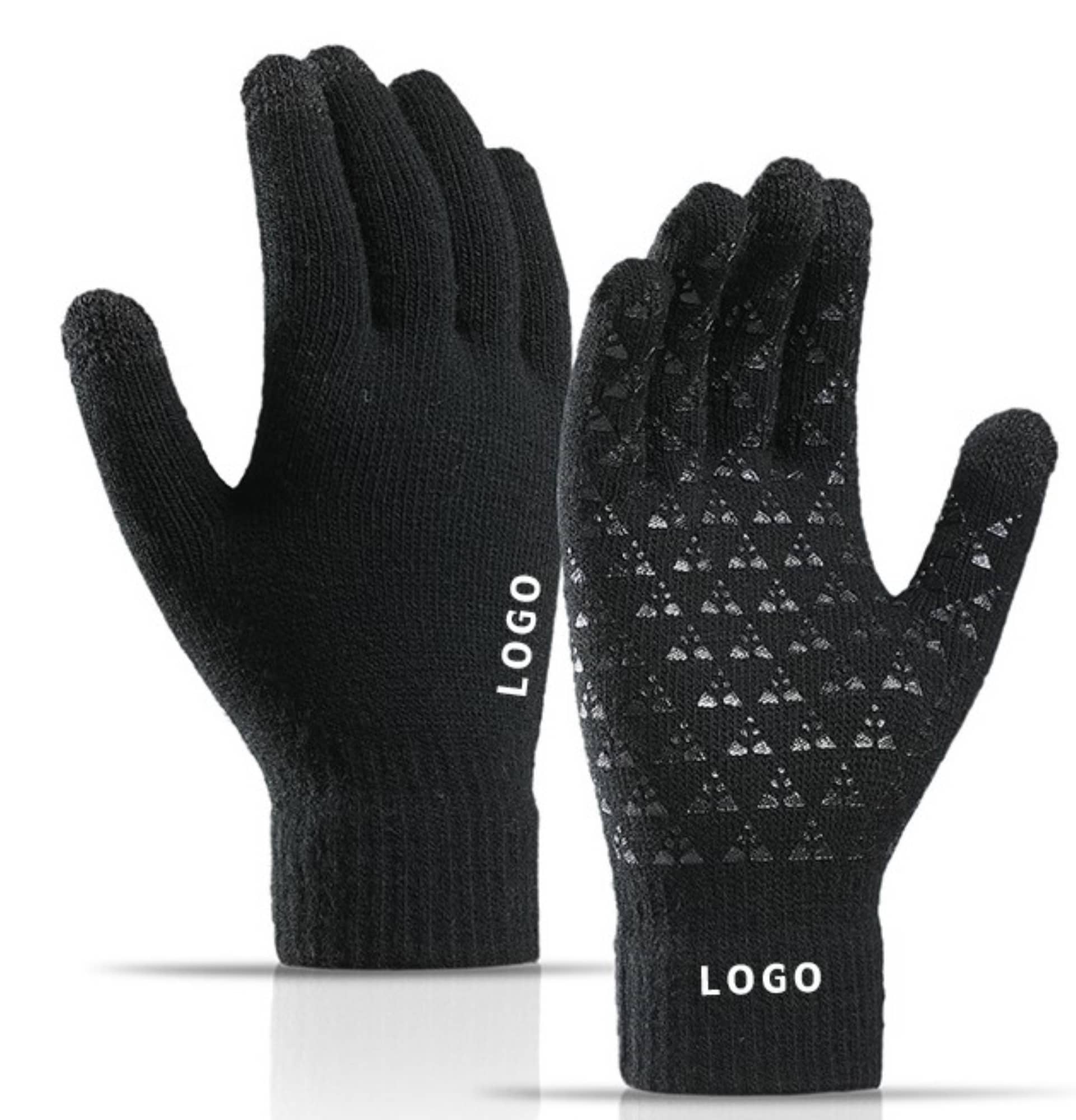 A pair of black gloves with a textured grip and a logo on each glove. Thick Adult Warmth Gloves W/ 3 Finger Touch - Image 1
