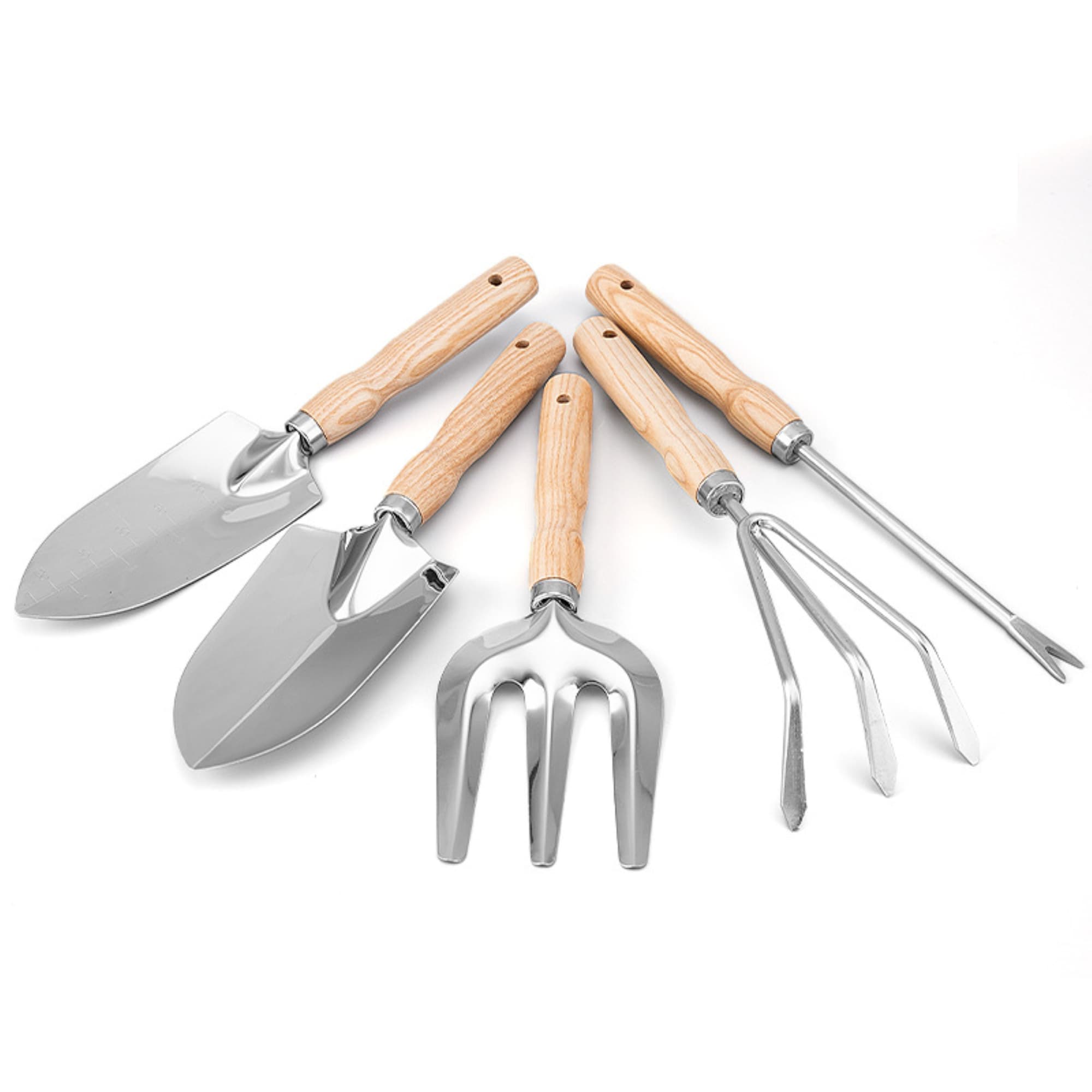 A set of five garden tools with stainless steel heads and wooden handles, featuring a trowel, fork, and cultivator. 5 Pieces Garden Tool Kits - Image 1