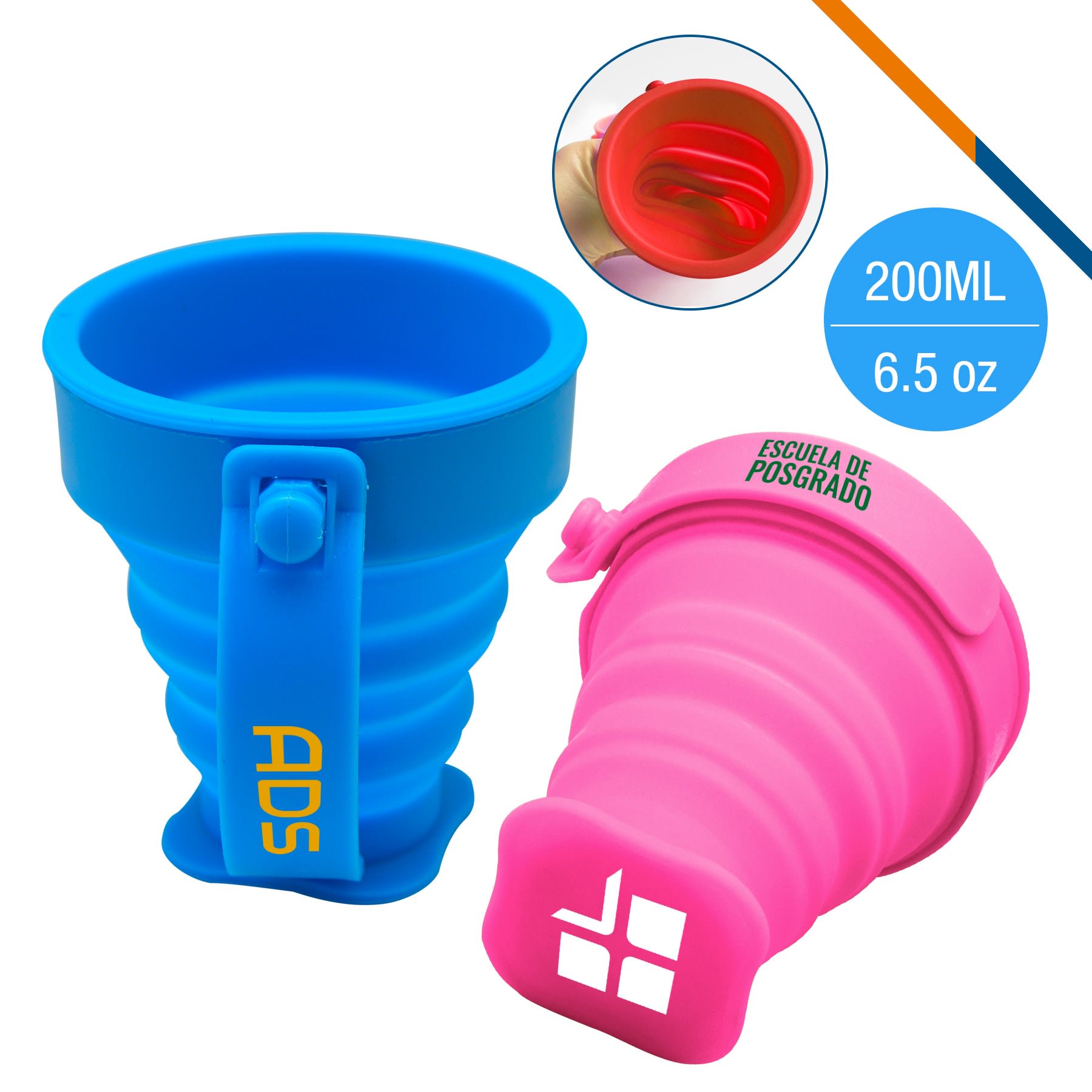 A foldable silicone travel cup in blue and pink, featuring a logo and a convenient collapsible design. Silicone Foldable Travel cup - Image 1
