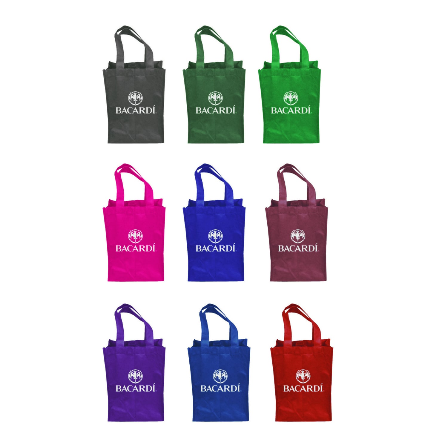 A drink bottle bag collection featuring green, pink, purple, blue, and dark grey bags, each with a logo. Longreef 2 Bottle Bag - Image 1
