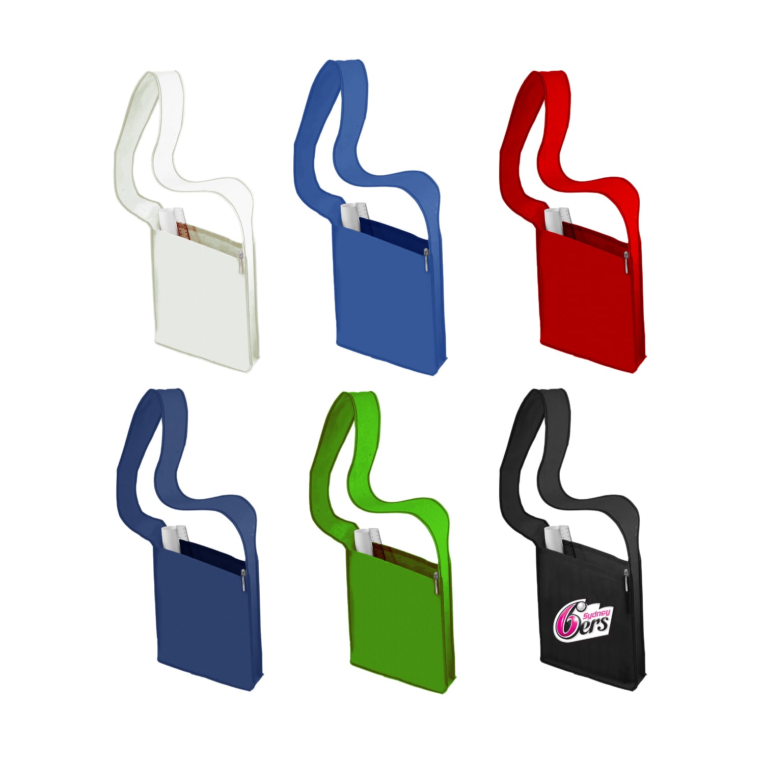 A collection of Curl Sling Bags in white, red, green, navy blue, and black, featuring front pockets and handles. Curl Sling Bag - Image 1