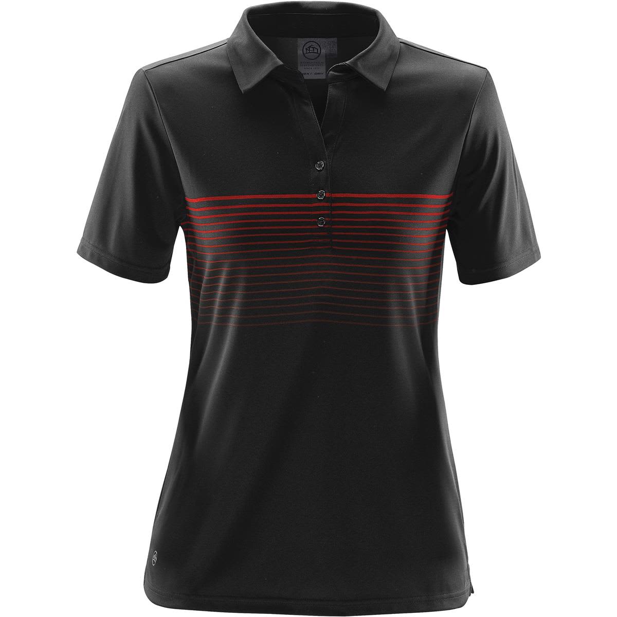 A black women's polo shirt featuring a horizontal stripe pattern in red tones and a logo on the side. Women's Wavelength Polo - Image 1